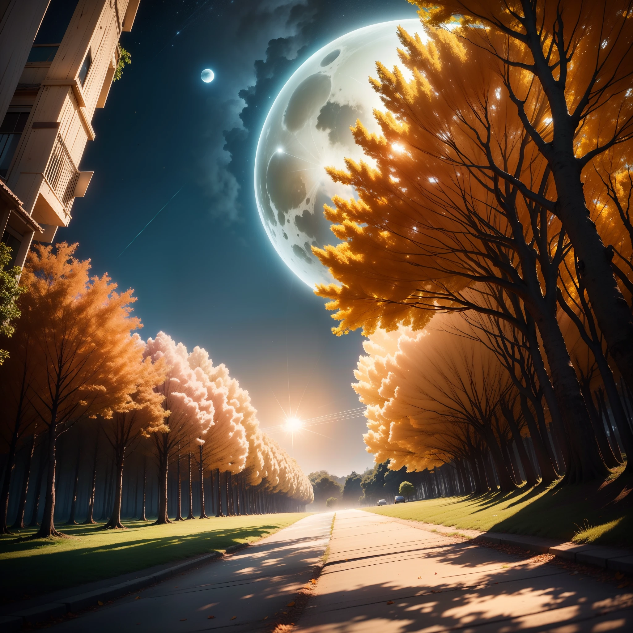 Images of trees moving in the wind, sobre a luz da lua, proximo de uma ponte sombria