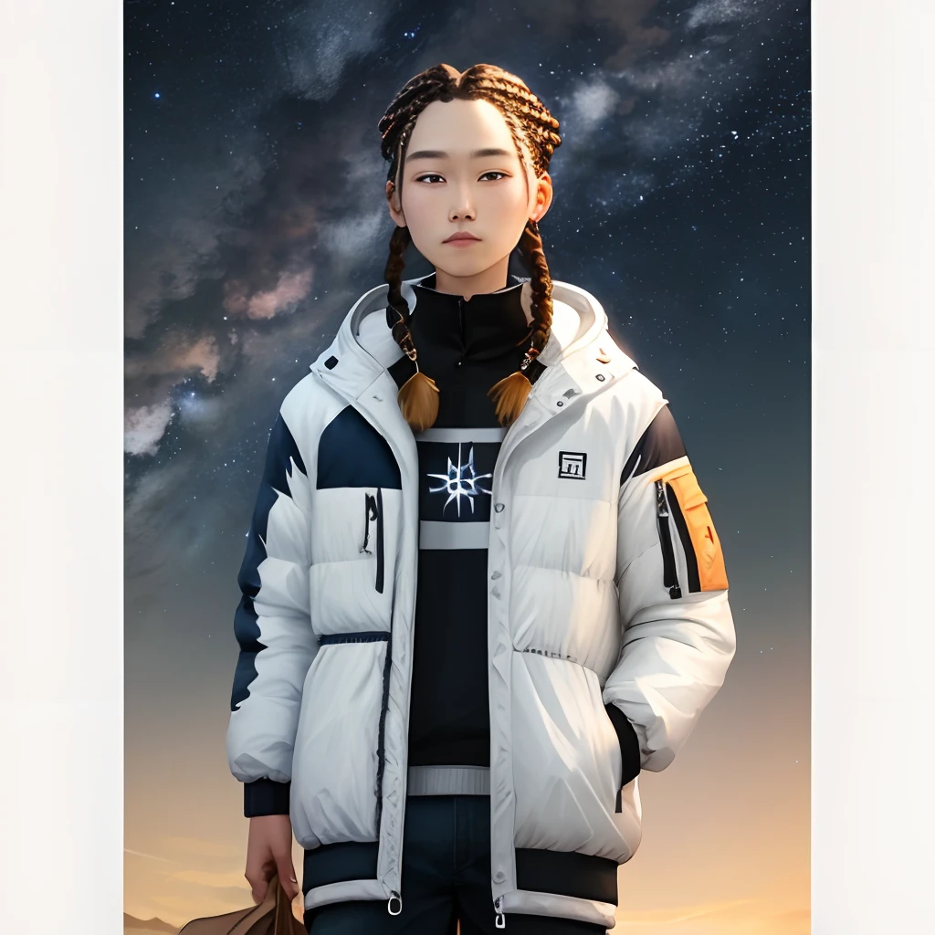 Double braids, white down jacket, hand full of stars