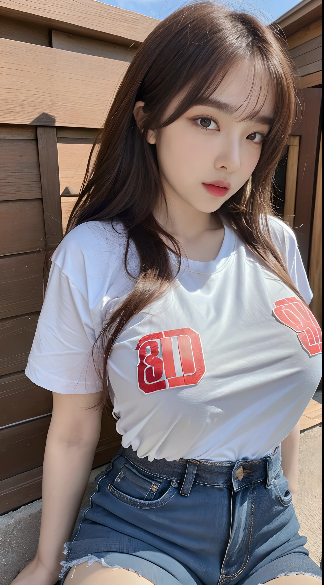 ((top-quality、8K、masterpiece:1.3))、voluptuous woman、1girl in、(Slender figure:1.2)、dark brown hair、(outside of house、The shirt、shortpants:1.1)、hyperdetailed face、Detailed lips、A detailed eye、二重まぶた、(huge-breasted:1.2)、tshirts、