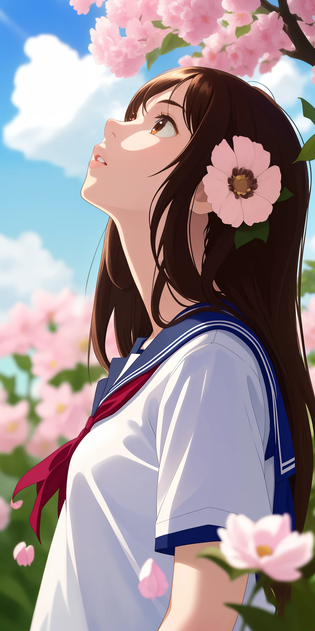 (masterpiece, best quality),1girl, solo, flower, long hair, outdoors, letterboxed, school uniform, day, sky, looking up, short sleeves, parted lips, shirt, cloud, black hair, sunlight, white shirt, serafuku, upper body, from side, pink flower, blurry, brown hair, blue sky, depth of field
