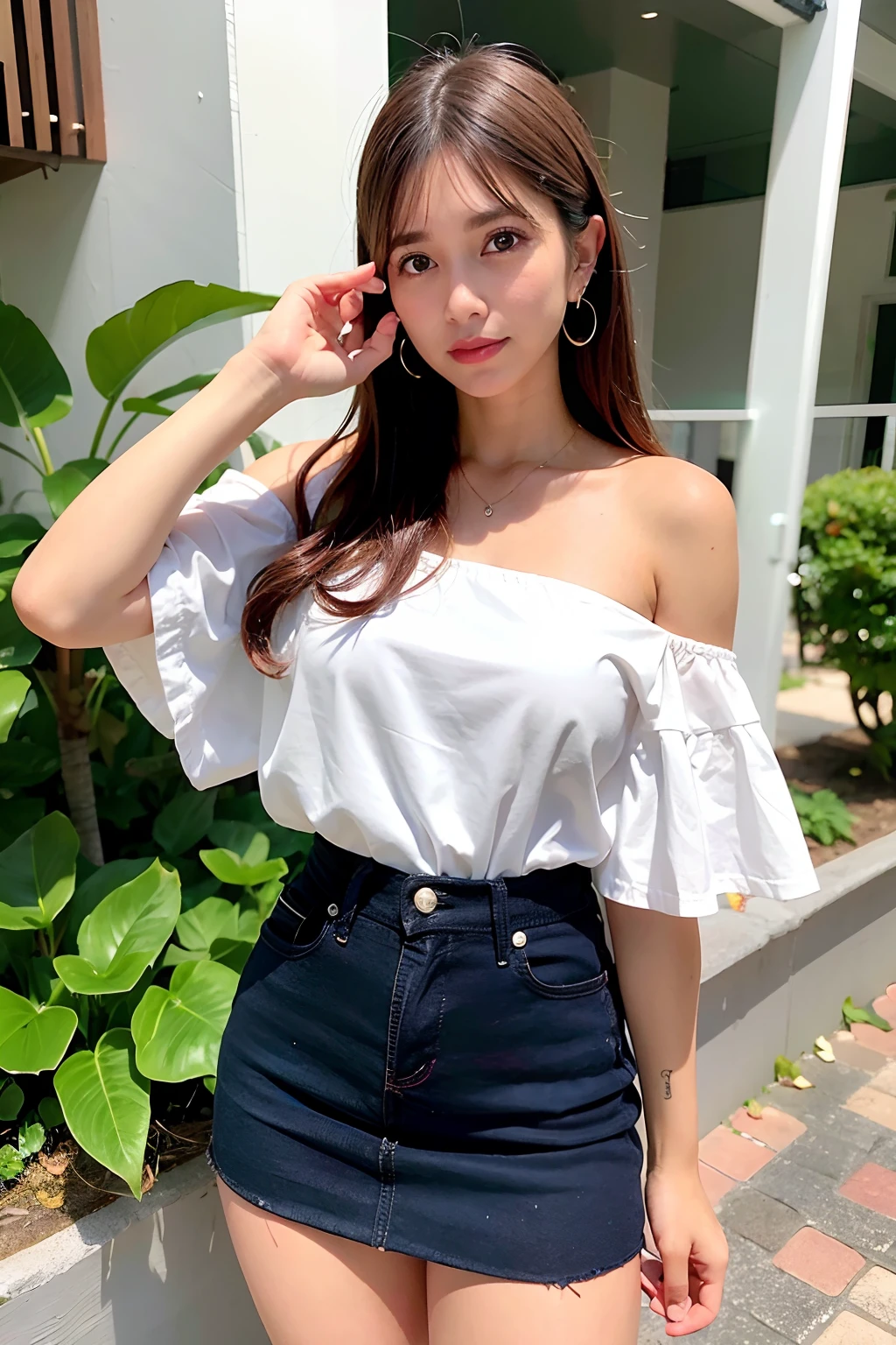 melhor qualidade, ultra alta res, (fotorrealista: 1.4), 1girl, camisa branca off-shoulder, saia preta justa, gargantilha preta, (cabelo cinza cinza desbotado:1), (seios enormes:1.2), olhando para o espectador, close-up, pelada