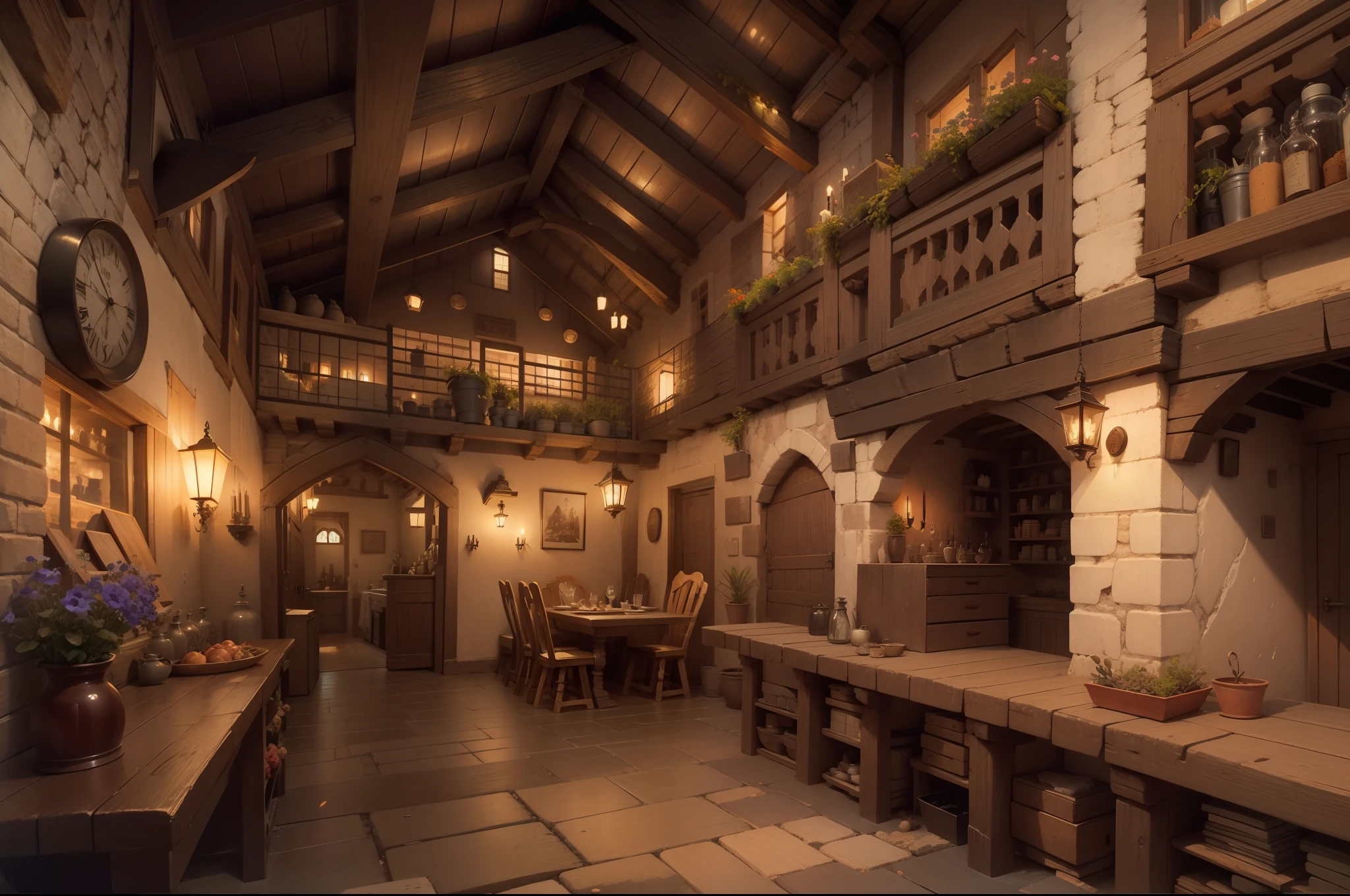 Buildings with wooden beams,, liang, Wooden support, interior view,、Ghibli、hiquality、medieval times、Western style、Italian style、There is no window in the back、There are no people、Silence、The dim、fish-eye lens、in isekai、leisure、unmanned、no Animal、No humans、No lamp、Private、No humans、It features a simple、old、poverty、Vanishing point on the right、Right diagonal、Animated background of the interior of a medieval inn, Fantasy,Italy、Spain、unmanned、Silence、chandelle、candelabra、Rugged construction、No humans、oud、No person、inn、a bed、One small window、No door、garret
