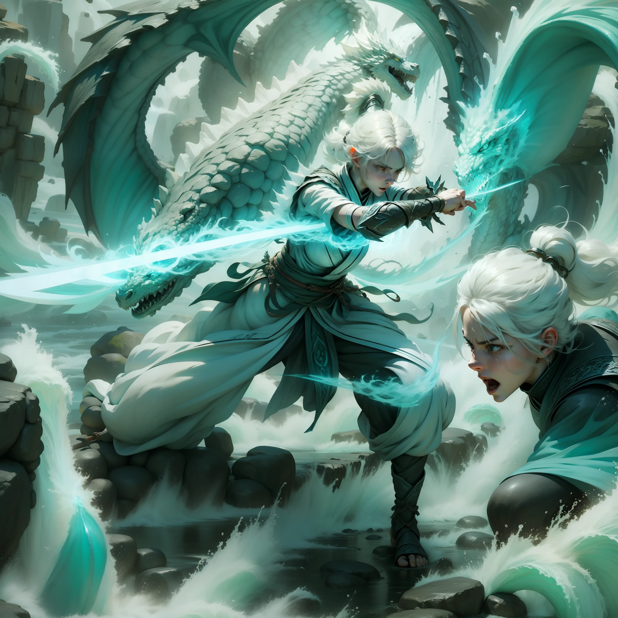 White-haired character woman with a weapon fighting with a dragon