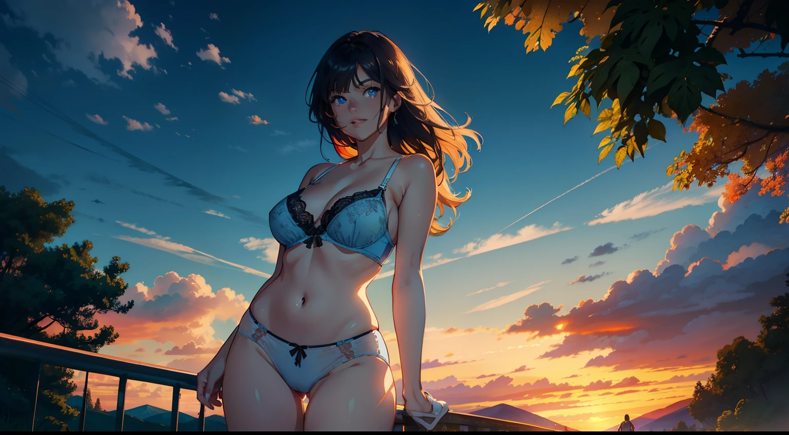 Full size adult woman, blue brown hair color, full height, light blue eyes, smiling, mouth, lips, wearing transparent, hand holding handrail, ahageo-shaped grimace, white panties, bra, white skin color, legs thick, Thick thighs, Fringe, bra with lace underwire, side locks, mountain, yellow leaves on the trees, background scenery, sunset, sunlight, beautiful afternoon, clouds, wind in the hair, leaves flying, details in the environment, more vivid colors, saturated effect