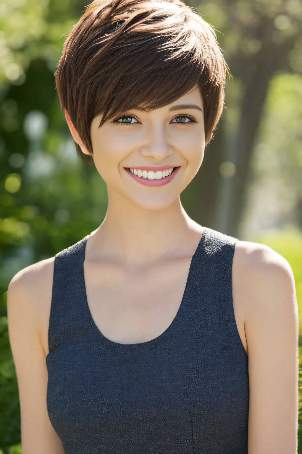 a pixie cut A big smile