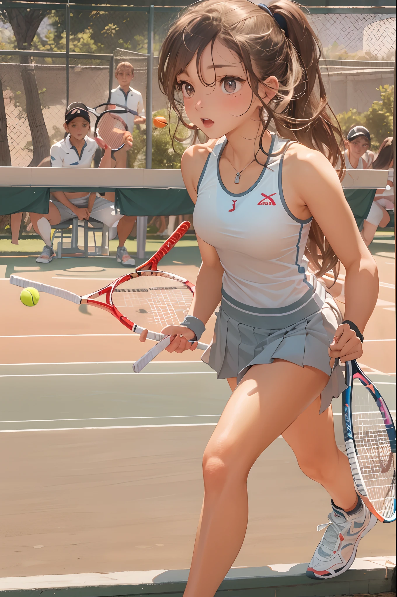 masterpiece,best quality,beautiful detailed eyes,extremely detailed eyes and face,1girl,medium breasts,Tennis Wear,Anderskort,Tennis court,(tennis racket,hold in right hand:1.2),(looking away:1.5),(running:1.3),