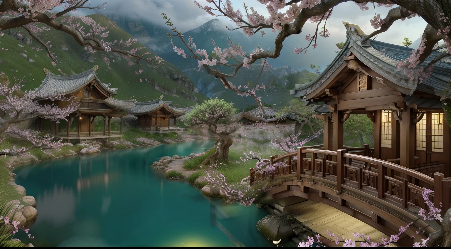 Realistic lighting， Masterpiece, High quality, Beautiful graphics, High detail,Cinematic lighting，dingdall effect，Peach blossom tree,In the foreground is the peach blossom branch of detail， wood bridges，Small streams,Pristine village，tree house,lawns，The vista is green mountains and green waters