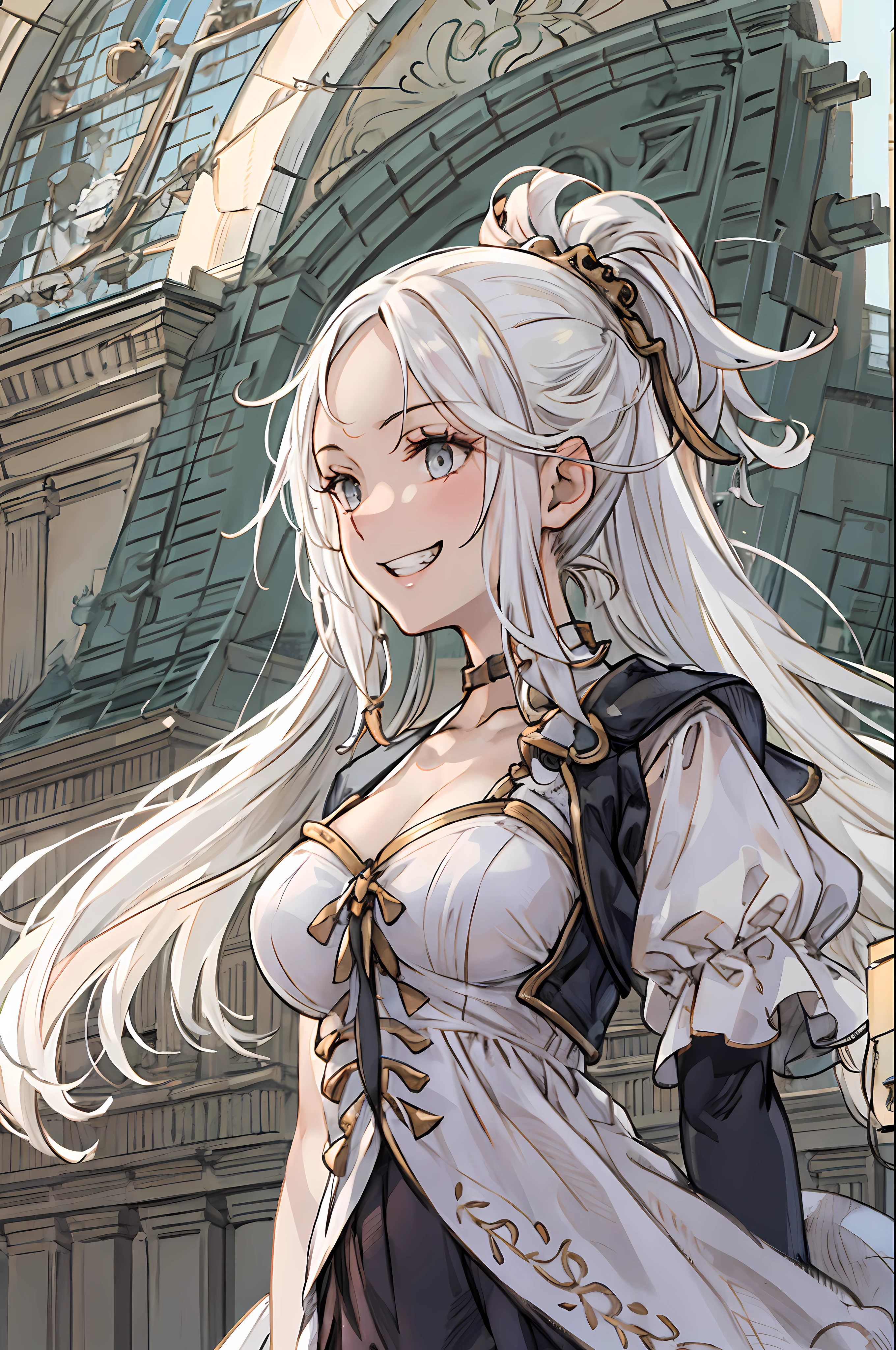 a girl, close up, wind, grin face, pale white hair, straight hair, long twin tail, gown, neat clothes, breast, in front of Louvre