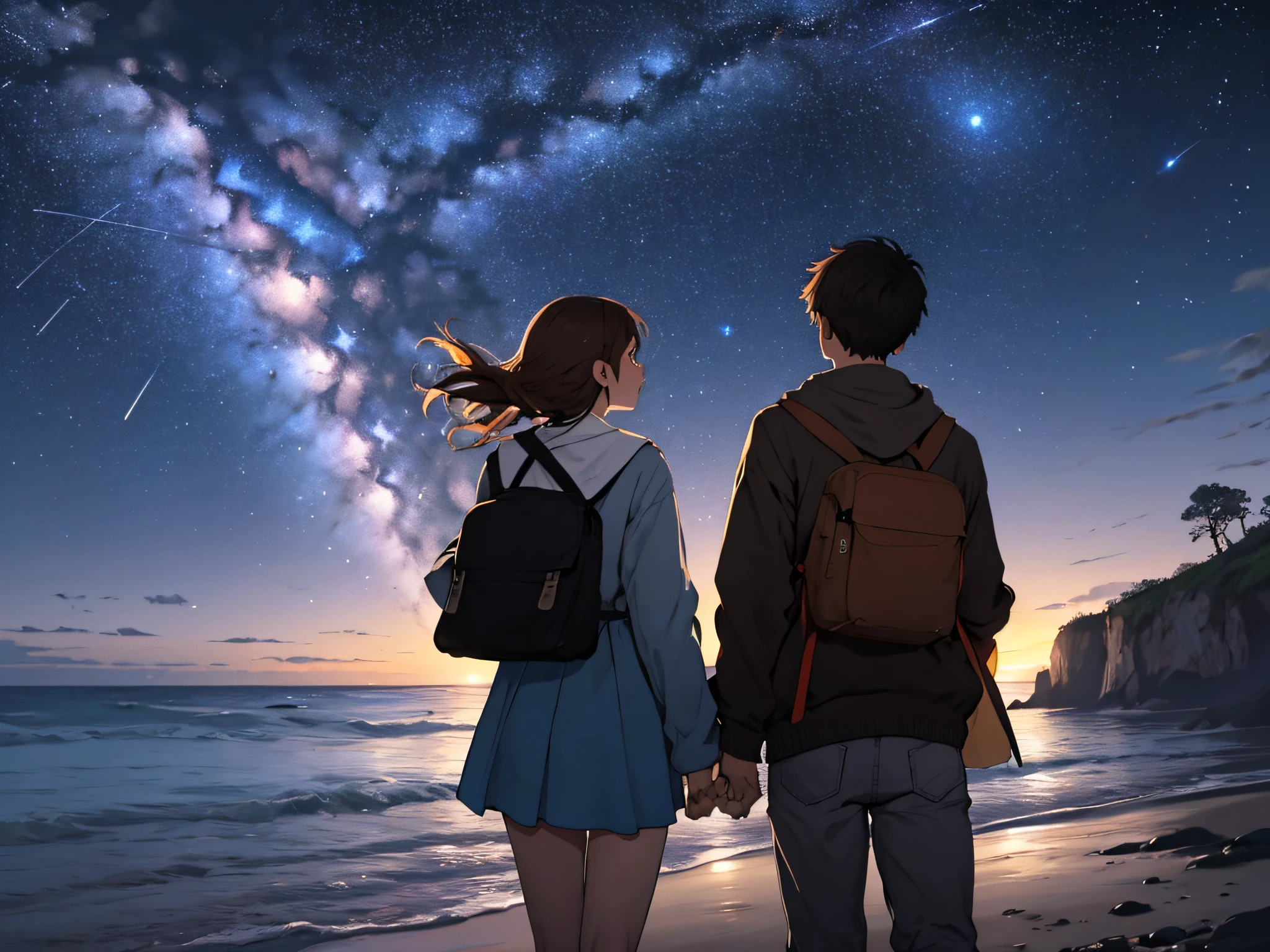Desenhe um jovem casal, ambos com 20 anos, usando roupas de viajantes, planejando viagens pelo mundo. They're searching with notebook. The dramatic illumination of distant stars illuminates the scene, casting deep shadows on the costume. Os jovens parecem confiantes e determinados, looking at the horizon with admiration and respect,