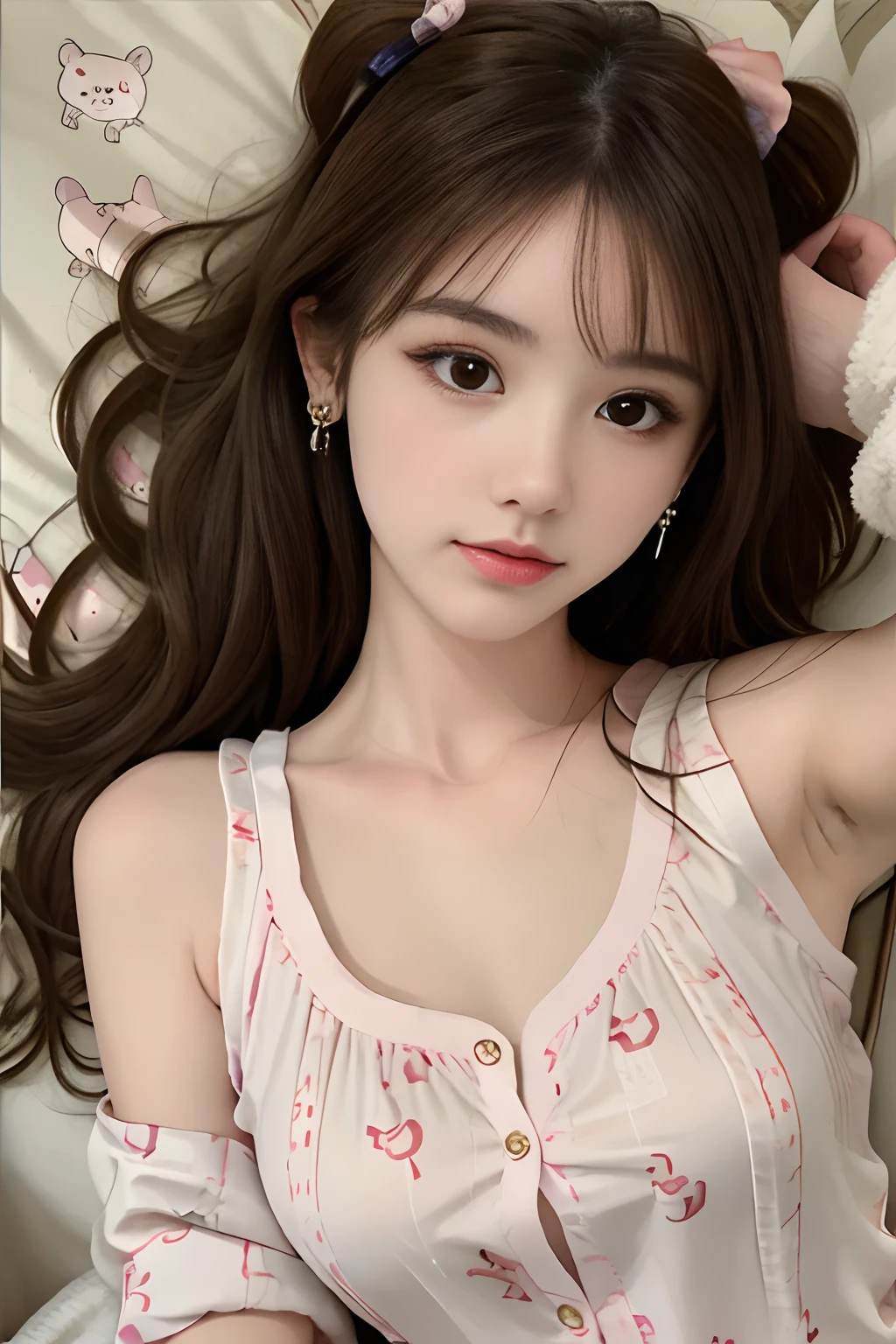 Best quality, masterpiece, super high resolution, (realistic: 1.4), original photo, 1 girl, hairpins, earrings, jewelry, brown hair, looking at the viewer, lips, playful, silk pajamas printed with cute bear pattern, full body photo