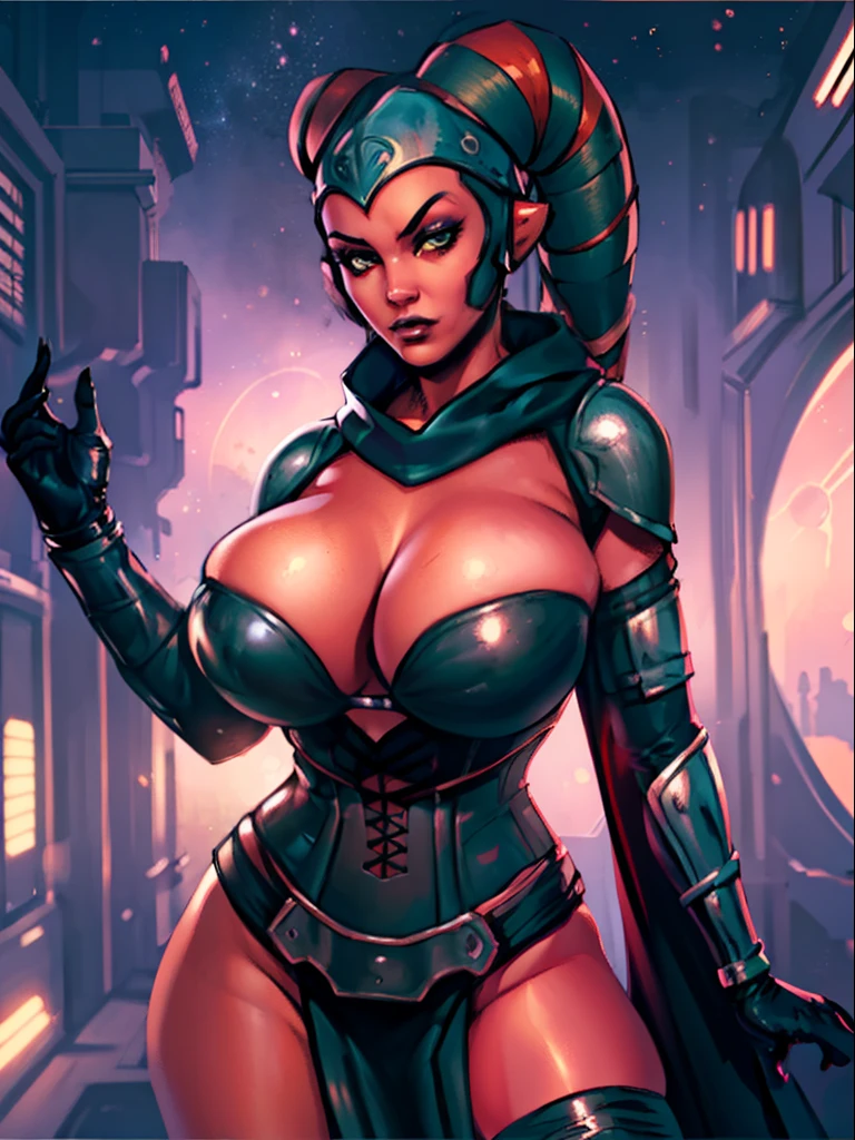 Sexy big tits Twi'lek, lithe body, massive tits, gigantic boobs, busty, thin, athletic, ((red skin), twi'lek), evil space knight, space ninja, (wearing (((modest))) loose black tunic, cowl, cloak, gloves, leggings, straps, buckles, corset, long skirts, long sleeves, fantasy, ((armor))), ((busty), slender body, thin, slim sexy body, slim waist, ((huge breasts))), Imperial starship, Star Wars,