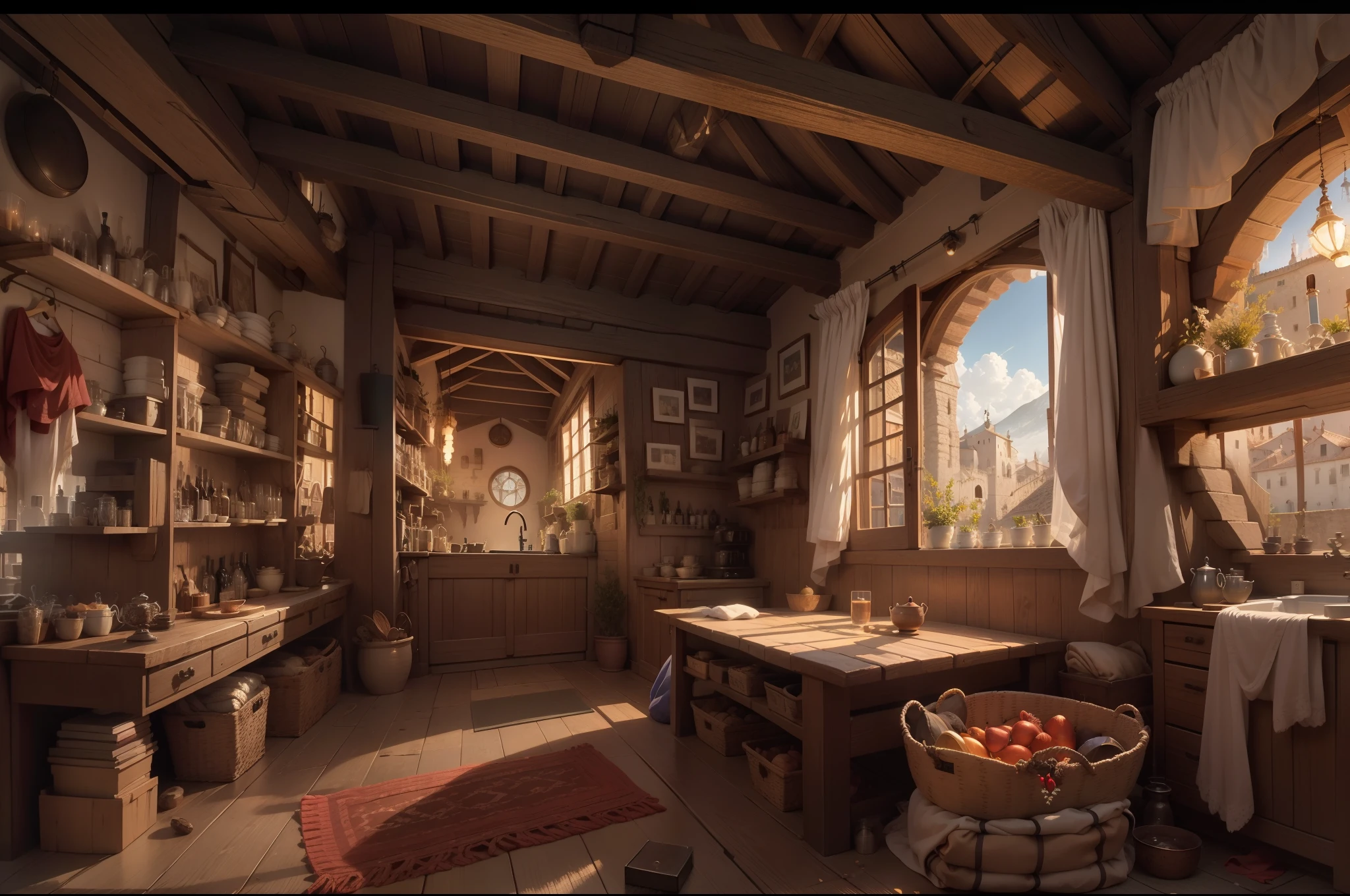 Buildings with wooden beams,, liang, Wooden support, interior view,、Ghibli、hiquality、medieval times、Western style、Italian style、There is no window in the back、There are no people、Silence、The dim、fish-eye lens、in isekai、leisure、unmanned、no Animal、No humans、No lamp、Private、No humans、It features a simple、old、poverty、Vanishing point on the right、Right diagonal、Animated background of the interior of a medieval inn, Fantasy,Italy、Spain、unmanned、Silence、chandelle、candelabra、Rugged construction、No humans、oud、No person、inn、a bed、One small window、No door、garret