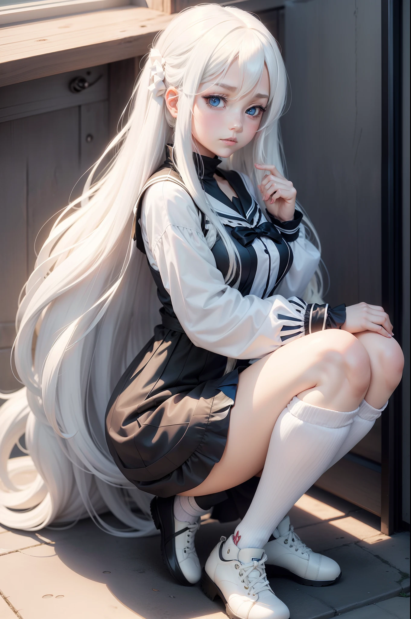 Anime girl with long white hair and blue eyes squatting down,Beautiful anime girls,cute anime visual,Smooth anime,Western-style art,up of young anime girl,visual novel,Western drama,An anime cover,Anime girl in sailor suit,High quality anime art style perfect white hair girl an anime girl girl with white hair in black silk in sailor suit D cup anime girl