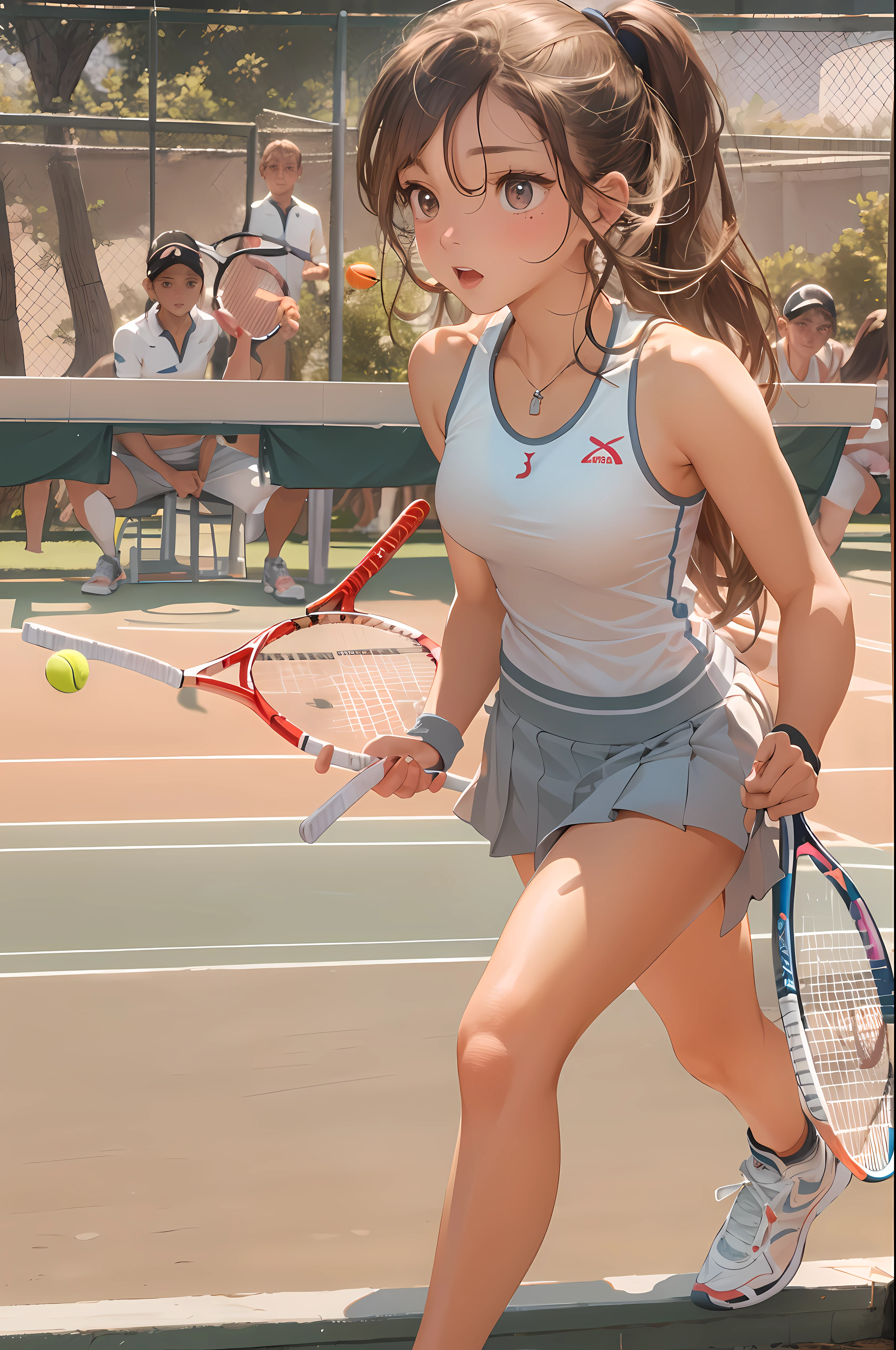 masterpiece,best quality,beautiful detailed eyes,extremely detailed eyes and face,1girl,medium breasts,Tennis Wear,Anderskort,Tennis court,(tennis racket,hold in right hand:1.2),(looking away:1.5),(running:1.3),