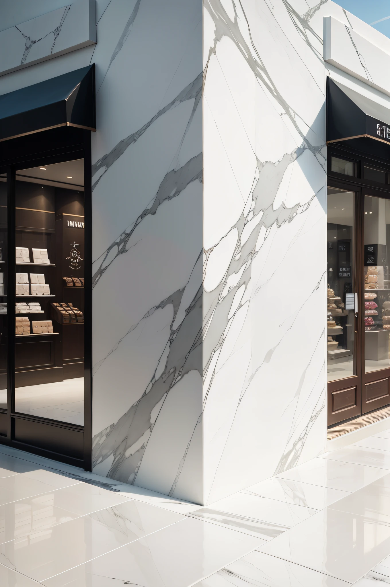 White marble wall、White marble floor、Outside the store、White clothing store、Branding、One side of the façade wall、It features a simple