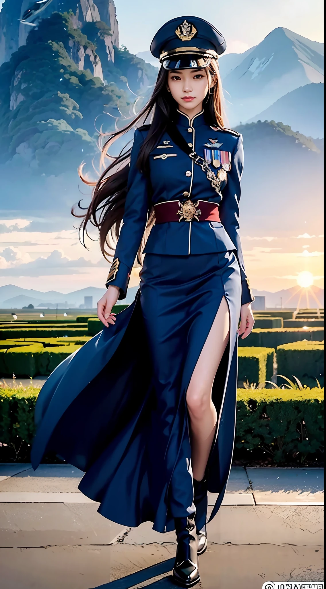 （best qualtiy，8K，32K，tmasterpiece，hyper HD：1.2），（realisticlying：1.5），（tmasterpiece，Extremely detailed CG unifies 8K, 8K, best qualtiy，A high resolution：1.2），（ultra - detailed，hyper HD：1.2），（2 pcs）Very cute and beautiful photos of Japanese women，（maroon，wavy and long hair：1.2），AS-Adult，（detailed beautiful girl：1.4），best qualtiy，woman，AS-Adult，（Detailed US Air Force uniforms：13，Skirt that wraps hips：1.3，epaulette，Badge，Officer's cap），（Beautiful sunset US Air Force base runway view background：1.2，There were a lot of soldiers behind him：1.3），ssmile：1，looking at viewert，face to the viewer，（（Perfect female body）），（a narrow waist：1.2），（7 avatar images：1.3），Slim，ventania，dynamicposes，cinematric light，Detailed clothes，perfect anatomia，perfectly proportions，detailed human body，walking towards camera，heroic look