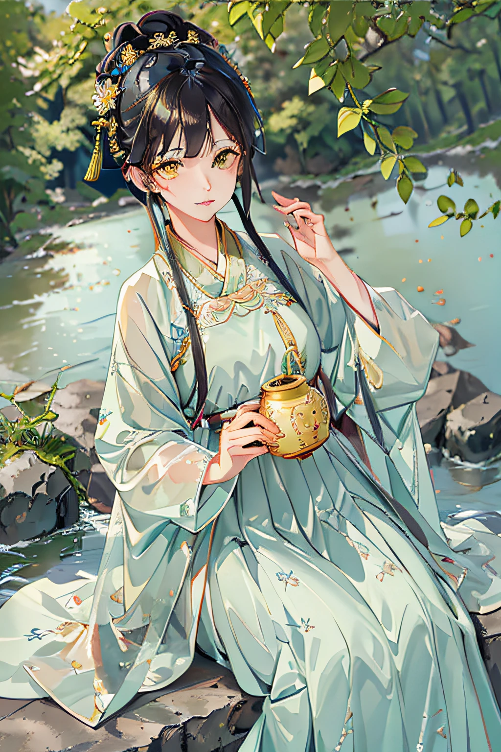 best quality, intricate details, highres,(beautiful detailed water:1.4),(hanfu, tang style),yellow eyes,(1girl in glass jar:1.1),