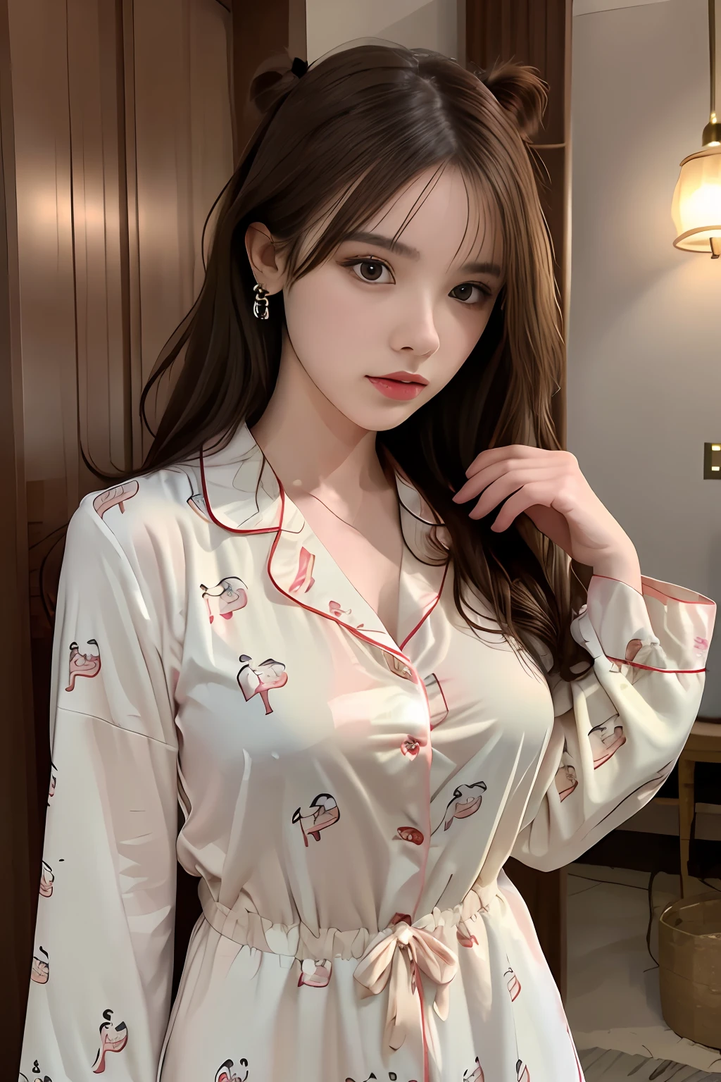 Best quality, masterpiece, super high resolution, (realistic: 1.4), original photo, 1 girl, hairpins, earrings, jewelry, brown hair, looking at the viewer, lips, playful, silk pajamas printed with cute bear pattern, full body photo