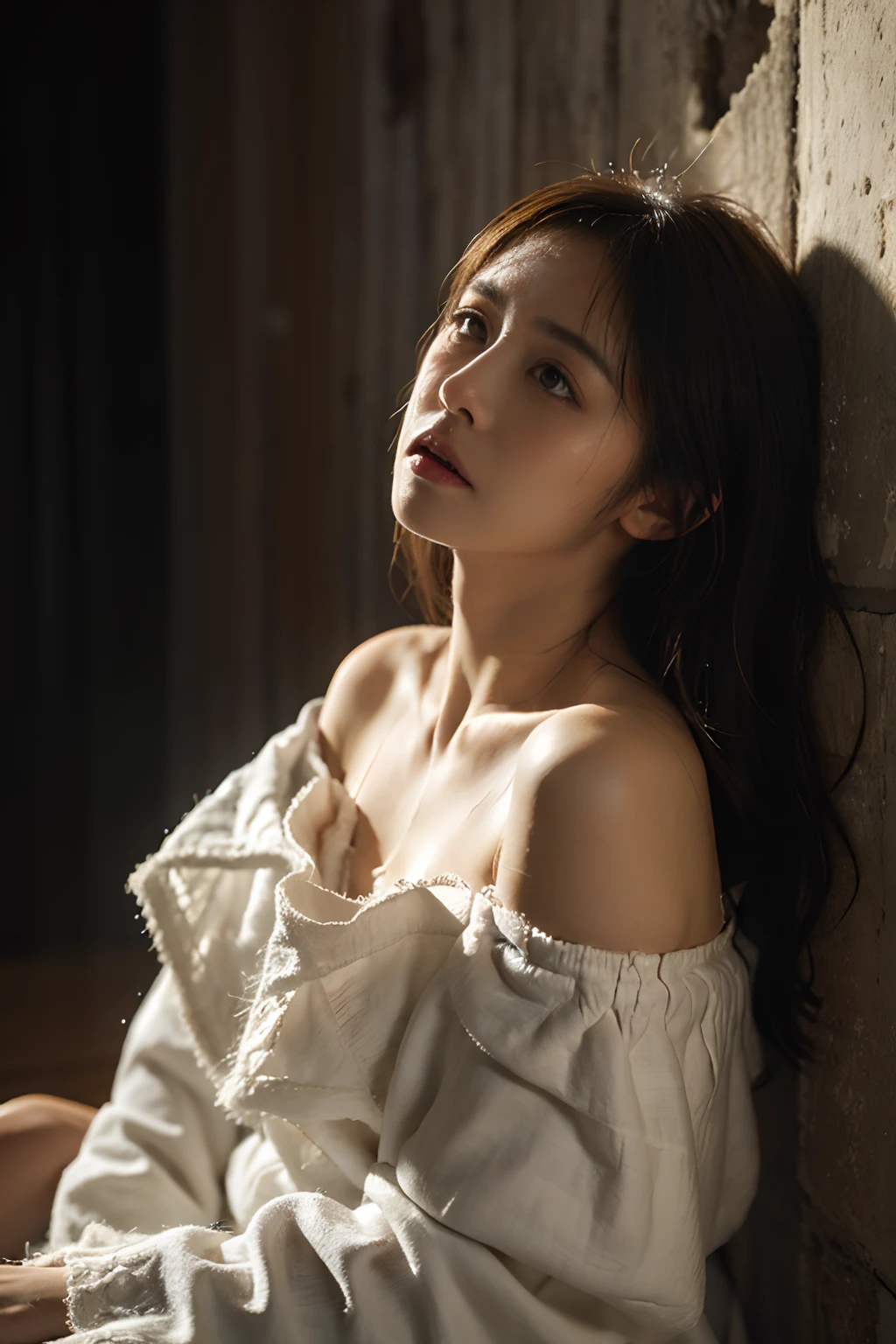 Best quality, masterpiece, ultra high res, (photorealistic:1.4), raw photo, (Authentic skin texture:1.3), (film grain:1.3), panorama, character portrait, very wide shot, narrow waist, cowboy shot, (in the dark, deep shadow, low key, cold light,) night, close-up, streaming tears,
indoor, dust, Tyndall effect, sad, disappointed, gloom (expression), sitting, (against wall), crying, frown, (head bowed), nervous, tearing up, lonely,
1girl, beautiful detailed eyes and face, white jabot, off shoulder, brown eyes,