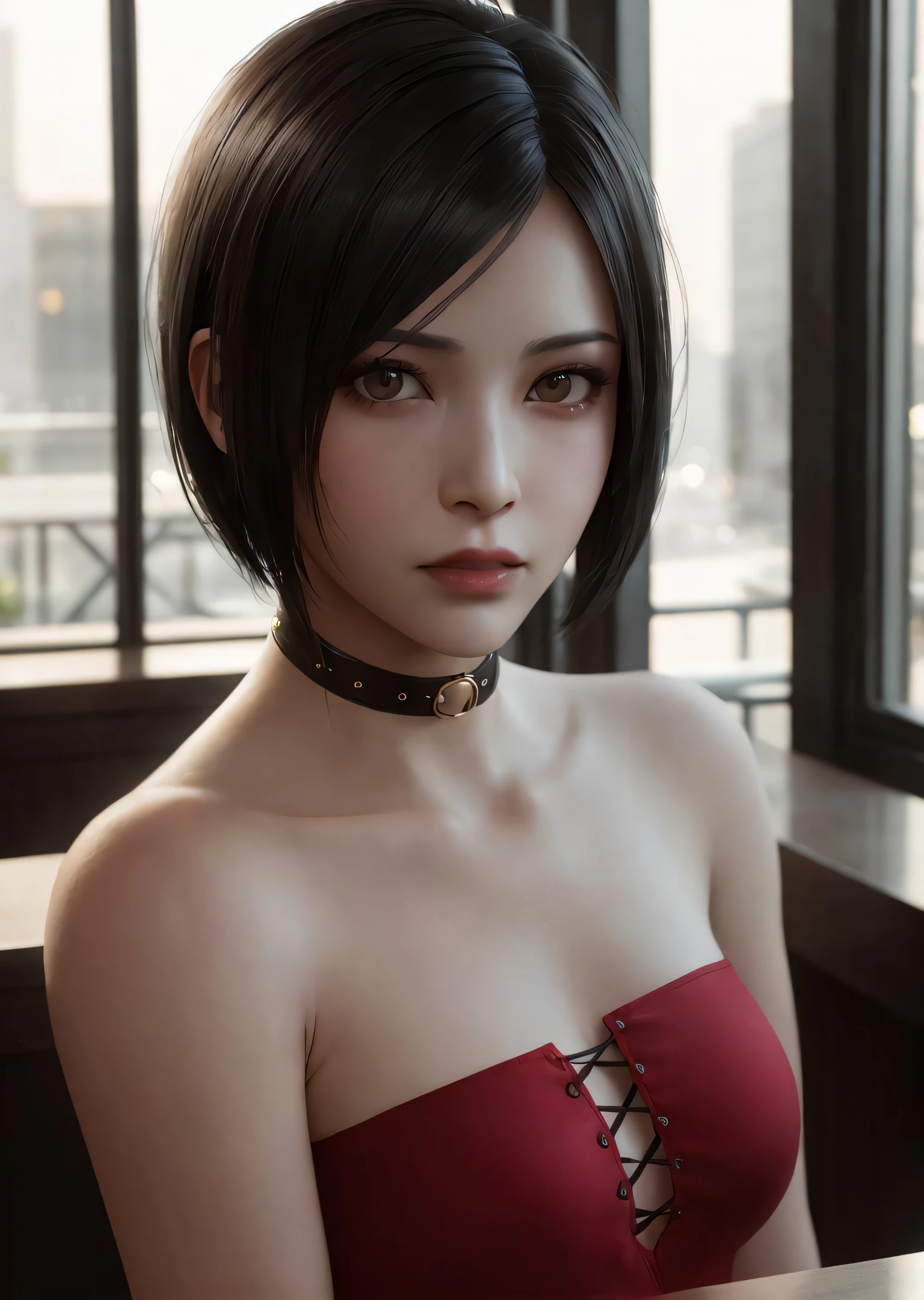 1girl, ((portrait)) of beautiful ADAWONG, looking at viewer, black hair, short hair, ((red dress)), black choker, transparent black stocking, side slit, blush, blotchy makeup, trending on Artstation, ada, realistic, athletic night, highly detailed skin, warm skin tone, ((frowning)), ((pouting)) highly detailed face, highly detailed pupils, highly detailed iris, RAW photo, best quality, high resolution, ((masterpiece)), tonemapping, photorealistic, realistic, professional photography, sharp focus, HDR, 8K resolution, intricate detail, sophisticated detail, hyper detailed, (depth of field), highlight and shadow, volumetric lighting, golden hours lighting, professional light, ,inside a cafe, beside a window, highly detailed background, bokeh, sfw,