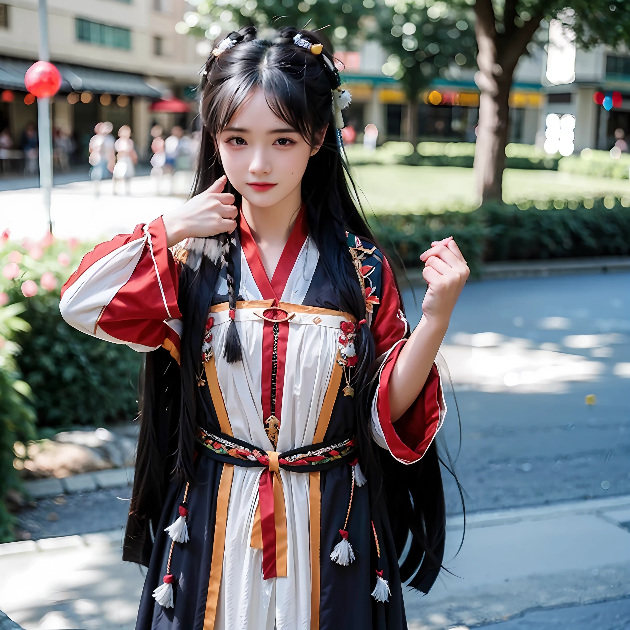 Kizi,largeeyes,Long hair that hangs naturally,heart shape eye,middlebreast,adorned in majestic attire,shairband,trinkets,streetview,真实感,Detailed photos of photography。