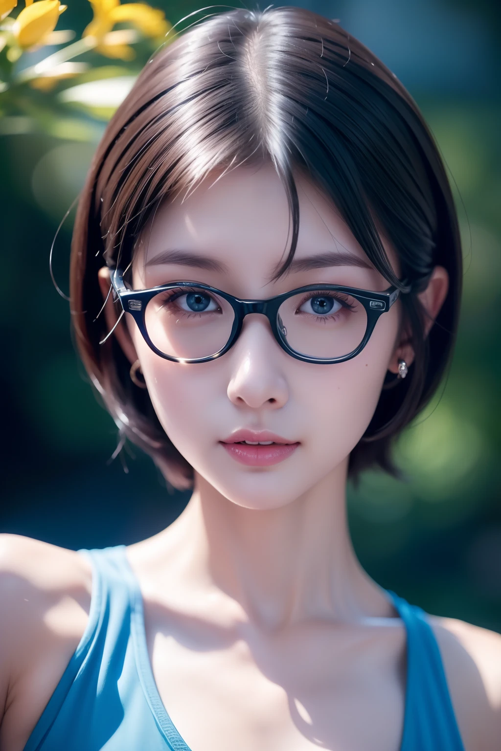 （A high resolution，high lighting，4K），blue rimmed glasses，Long face，1girll，the face，详细的the face，eBlue eyes，trpical garden，Very short hair，She has a butterfly on her head，close-up face，The sun at noon，huge tit)，looking at viewert，Close range - intensity，a blue dress，Keep one's mouth shut，