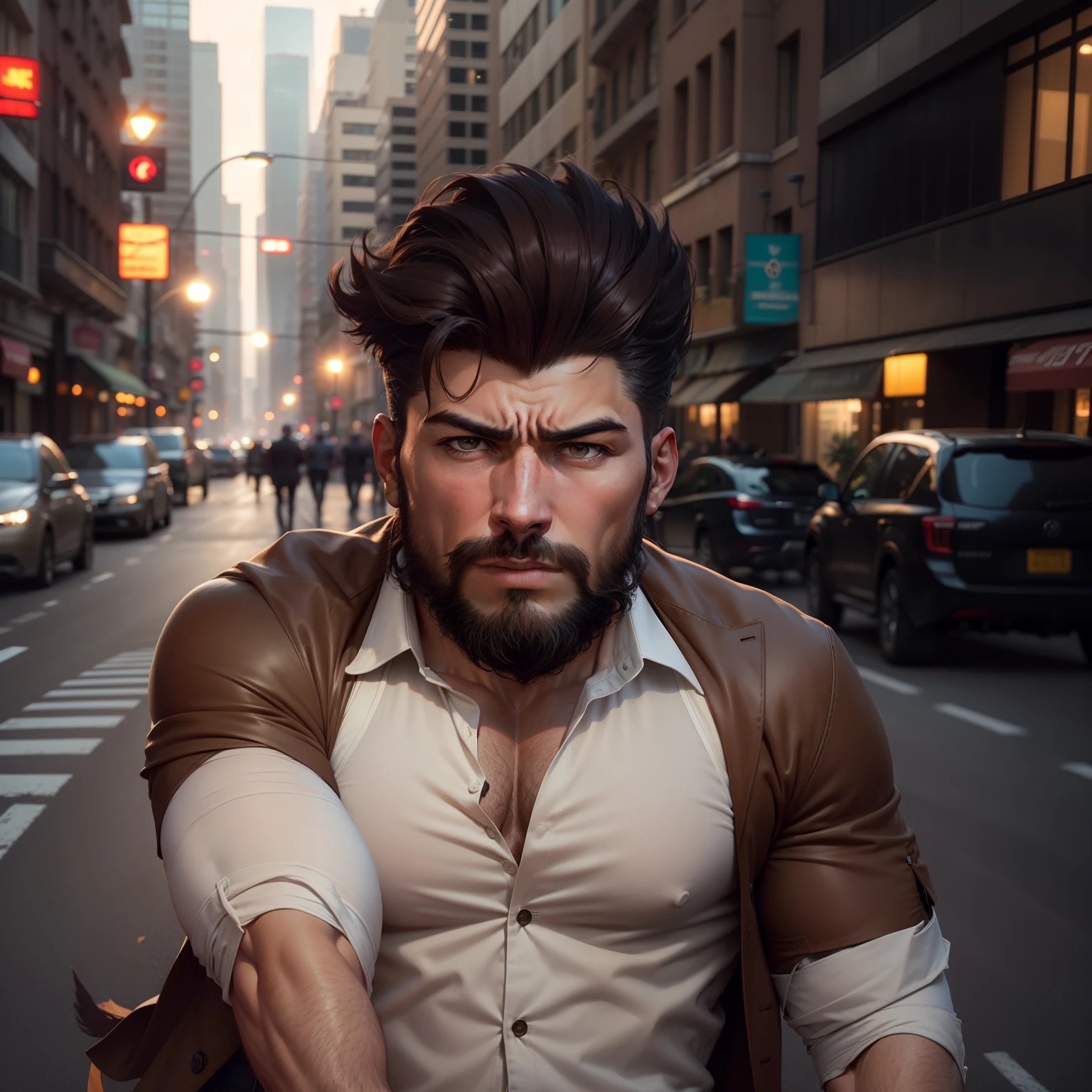 a raw photo of muscular male,best quality,8k uhd, dslr, modelshot style, best quality, film grain,vehicle,outdoors, city background,dynamic pose,frowning,a neat blazer and a nice beard,open shirt,open fly,open belt,adult, brown hair , sleeves rolled up, ow hanzo