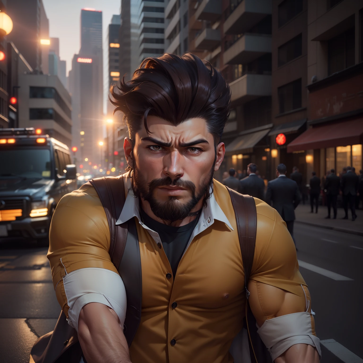 a raw photo of muscular male,best quality,8k uhd, dslr, modelshot style, best quality, film grain,vehicle,outdoors, city background,dynamic pose,frowning,a neat blazer and a nice beard,open shirt,open fly,open belt,adult, brown hair , sleeves rolled up, ow hanzo