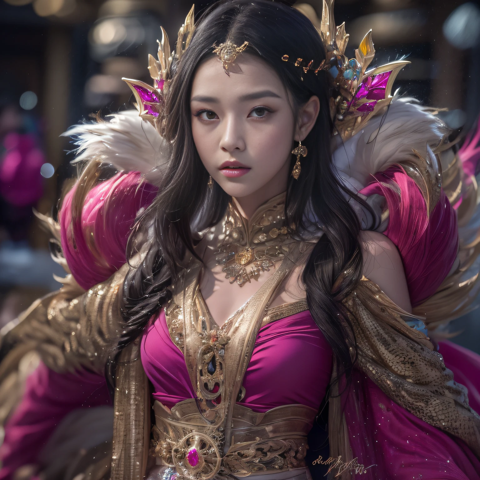 16k(tmasterpiece,k hd,hyper HD,16k)Long flowing black hair,Gold jewelry area in the back room,Brunette king girl ,Silver Dragon Protector (realisticlying:1.4),Python pattern robe,Purple-pink tiara,Snowflakes fluttering,The background is pure,Hold your head high,Be proud,The nostrils look at people, A high resolution, the detail, RAW photogr, Sharp Re, Nikon D850 Film Stock Photo by Jefferies Lee 4 Kodak Portra 400 Camera F1.6 shots, Rich colors, ultra-realistic vivid textures, Dramatic lighting, Unreal Engine Art Station Trend, cinestir 800,Hold your head high,Be proud,The nostrils look at people