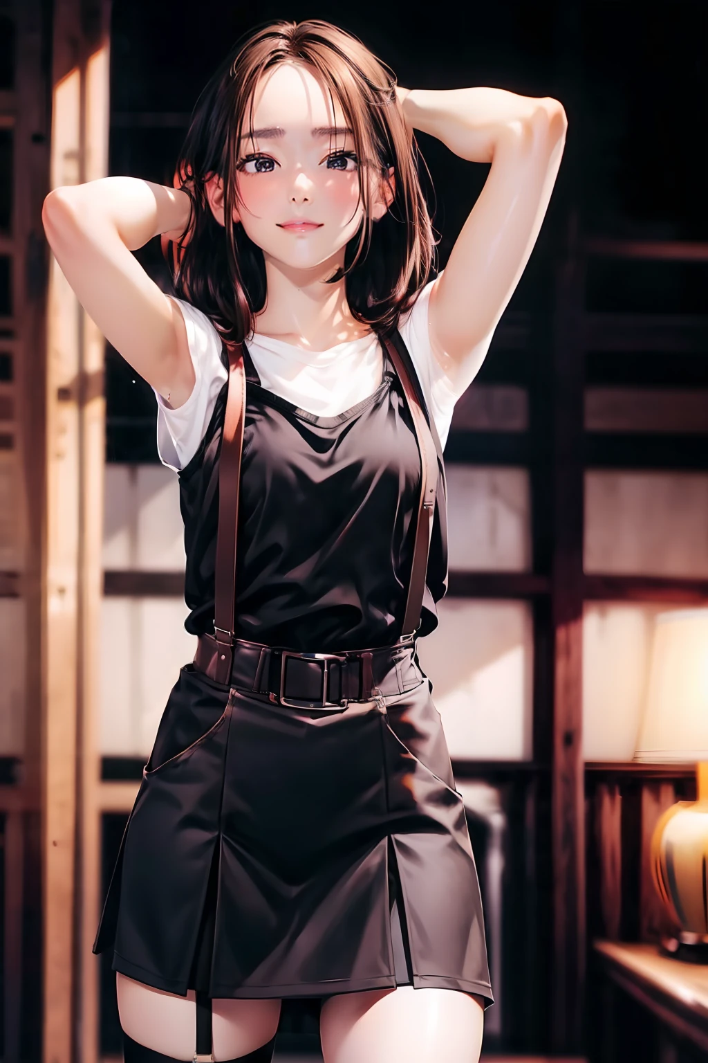 Big suspenders garterbelts Black Socks Black tank top a miniskirt Brown hair length hair Forehead Central Department morning glow Armpit sweat Fold your hands behind your head Beautuful Women