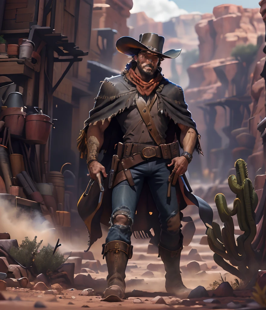 White man standing in a desert gorge, with a pair of dark jeans, a black revolver on the leg and a black poncho with gold details, Black revolver in a holster, black western hat, ocidental, Oeste Selvagem, 4k, ultrarrealista, dust