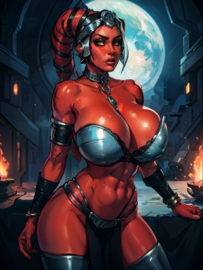 (best quality, masterpiece, highly detailed), 1girl, (red skin), sexy busty Twi'lek, (((gigantic breasts))), cleavage, sharp facial features, silver and black bikini, silver, ornate strapless metal bra, metal lace, gemstones, silver jewelry, long skirts, choker, armlets, pelvic curtain, silks, Star Wars, lekku stripes