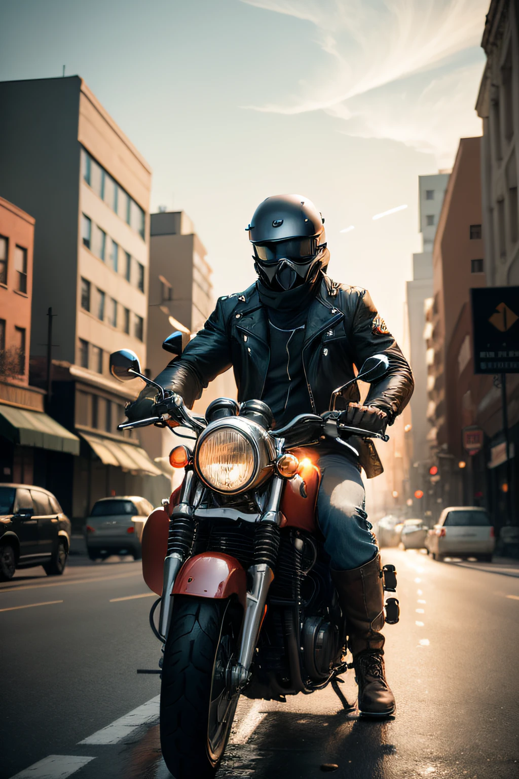 There's a man riding a motorcycle down the street in an apocalypse
