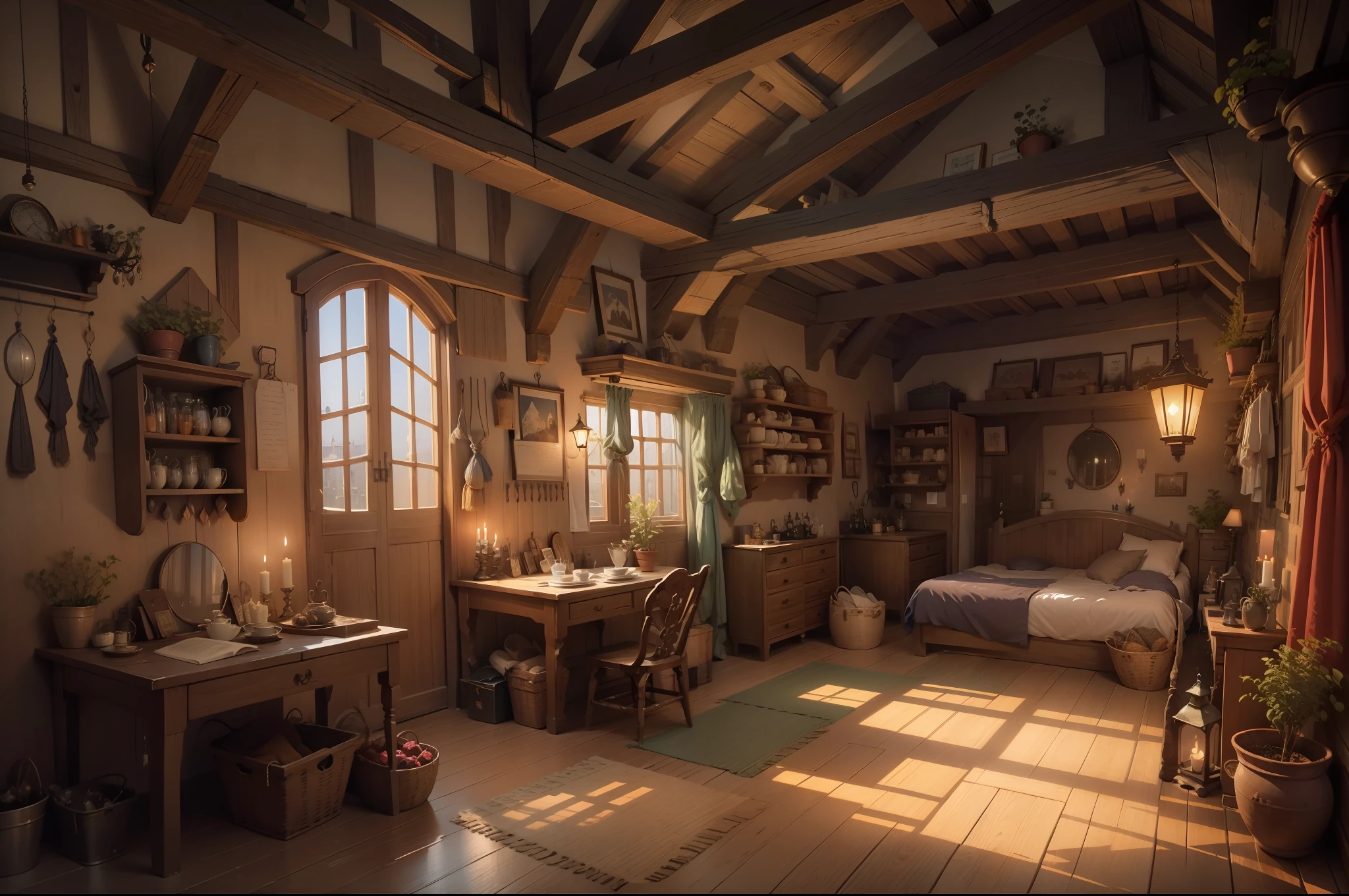 Buildings with wooden beams,, liang, Wooden support, interior view,、Ghibli、hiquality、medieval times、Western style、Italian style、There is no window in the back、There are no people、Silence、The dim、fish-eye lens、in isekai、leisure、unmanned、no Animal、No humans、No lamp、Private、No humans、It features a simple、old、poverty、Vanishing point on the right、Right diagonal、Animated background of the interior of a medieval inn, Fantasy,Italy、Spain、unmanned、Silence、chandelle、candelabra、Rugged construction、No humans、oud、No person、inn、a bed、One small window、No door、garret
