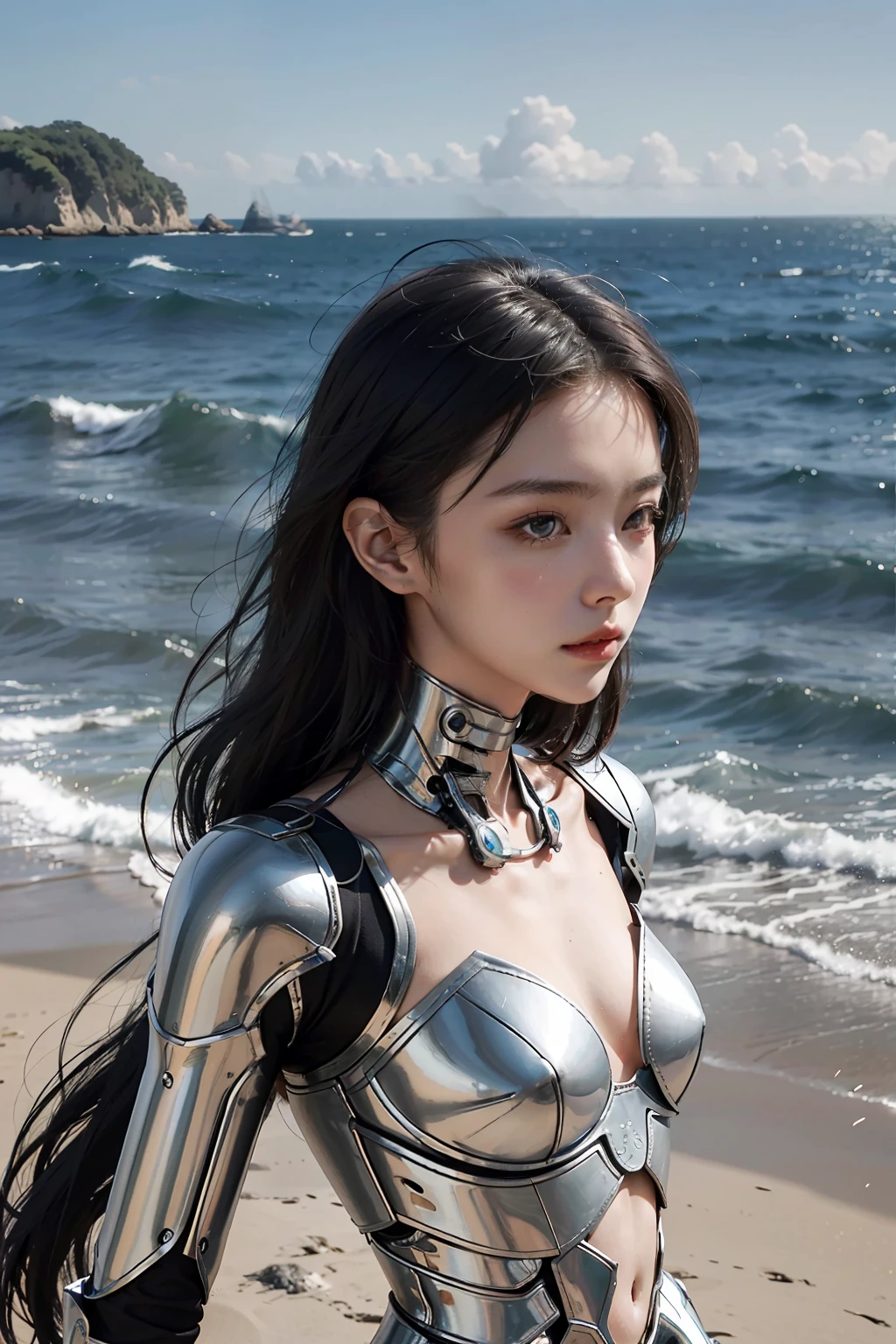 best qualtiy，Refined face，25岁少女，Slim body，A body made of metal，Smaller bust，Metallic structural skeleton，beachside，Stand up，sea beach，There are huge spaceships floating in the air，cyber punk perssonage，Sci-fi，Top angle of view