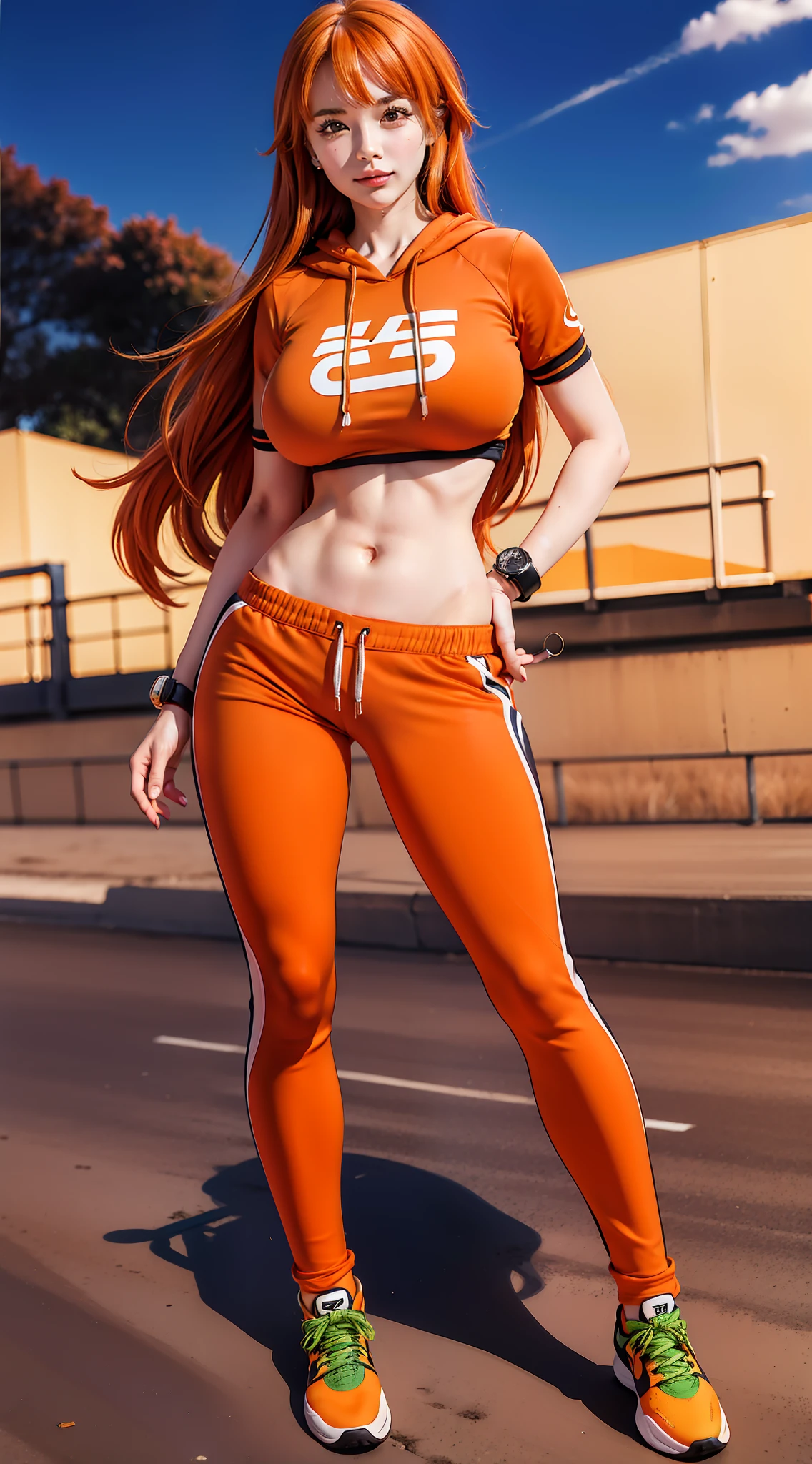 a woman, nami form anime one piece, orange hair, long hair, hair tie, big boobs, perfect body, standing, sexy, hot girl, wearing an orange nike hoodie, orange jogger pants, orange nike shoes, on the soccer field, wearing a smart watch, slightly smiling, looking at viewer, hd images, super detailed quality, super detail, hd quality, 8k, fuji foto, canon foto