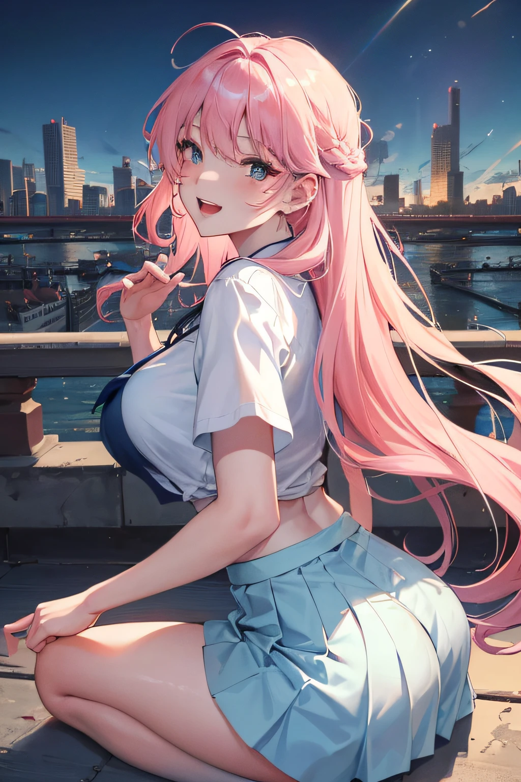 Official fine art，tmasterpiece，Sharp focus，（Beautiful gorgeous lovely Korean women：1.3），（beautiful lovely Korean people：1.3），South Korean beauties，Delicate and beautiful hair and eyes and face，realisticlying，ultra - detailed，a beauty girl，blue-sky，Glowing white particles,(side-lighting:1.2),rays of sunshine,baiyun,Detailed clouds,Slender,Cute big breasts and big buttocks,Toothy laughter,((Laugh and open your eyes)),scenecy,Long straight hair, sexy facial expression, buliding, (Cityscape:1.7), Dynamic hair, Long straight hair, Delicate platinum-pink hair, glow blue eyes, (blue pleated shirt+white  skirt), Long white socks, paleskin, hair adornments, epic landscapes, more