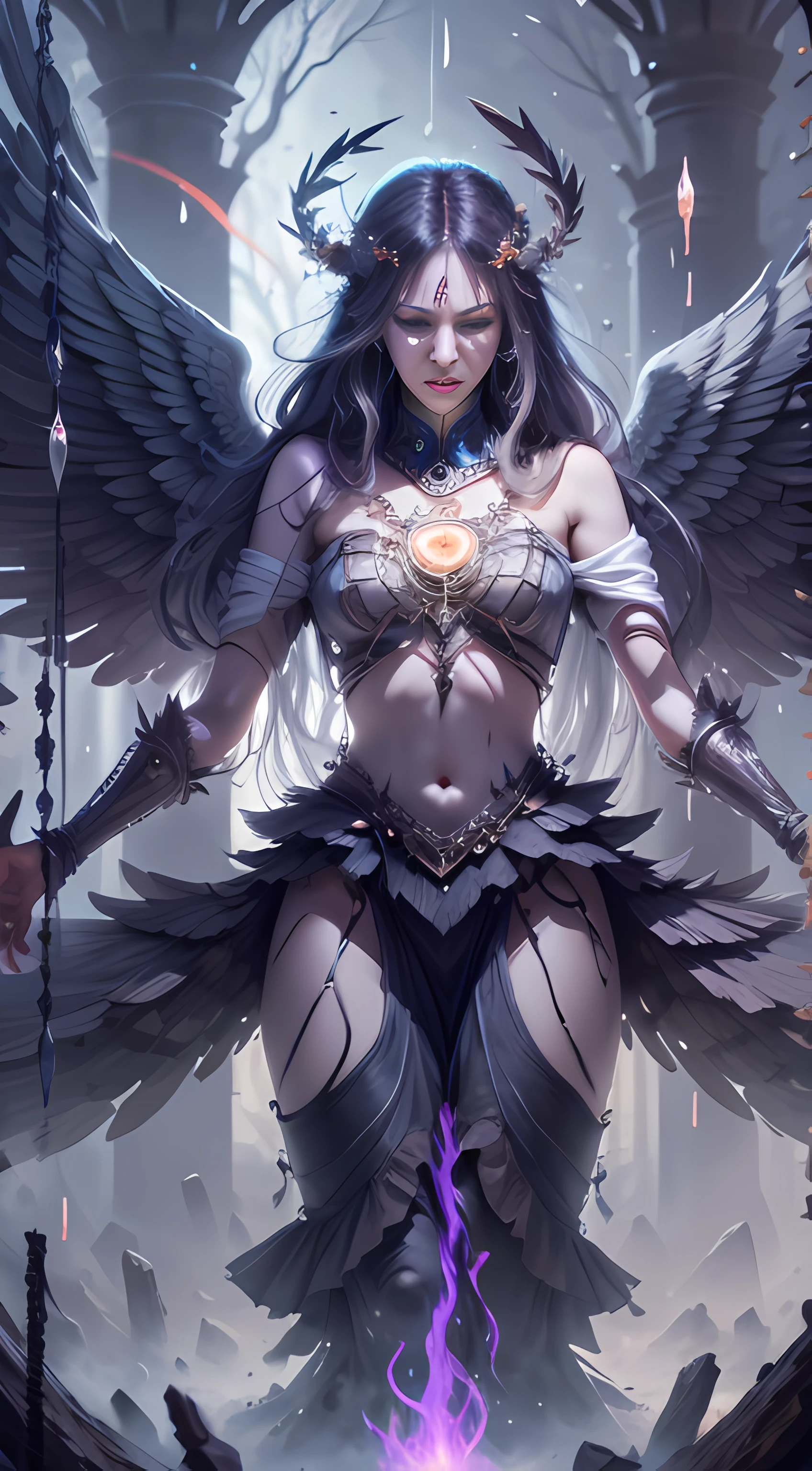 An angel of death with bright and worn wings adorned with religious and pagan symbols, a dark forest with fire and rain, the prevalence of Brazilian elements, conveys the idea that pain is a recurring and transformative experience. Embracing spiritual and earthly aspects and encouraging us to delve into the depths of our own pain, explore its various dimensions, and find strength and healing in the journey of these cycles. Perspective on human pain and the cycles that surround it. While pain is inevitable, it's also part of growth and learning. By recognizing and facing these cycles, we can discover our inner strength and find a path to healing and transformation. Complexities of human pain, addressing themes such as loss, disillusionment, loneliness, despair, but also carrying a message of resilience, overcoming and hope.