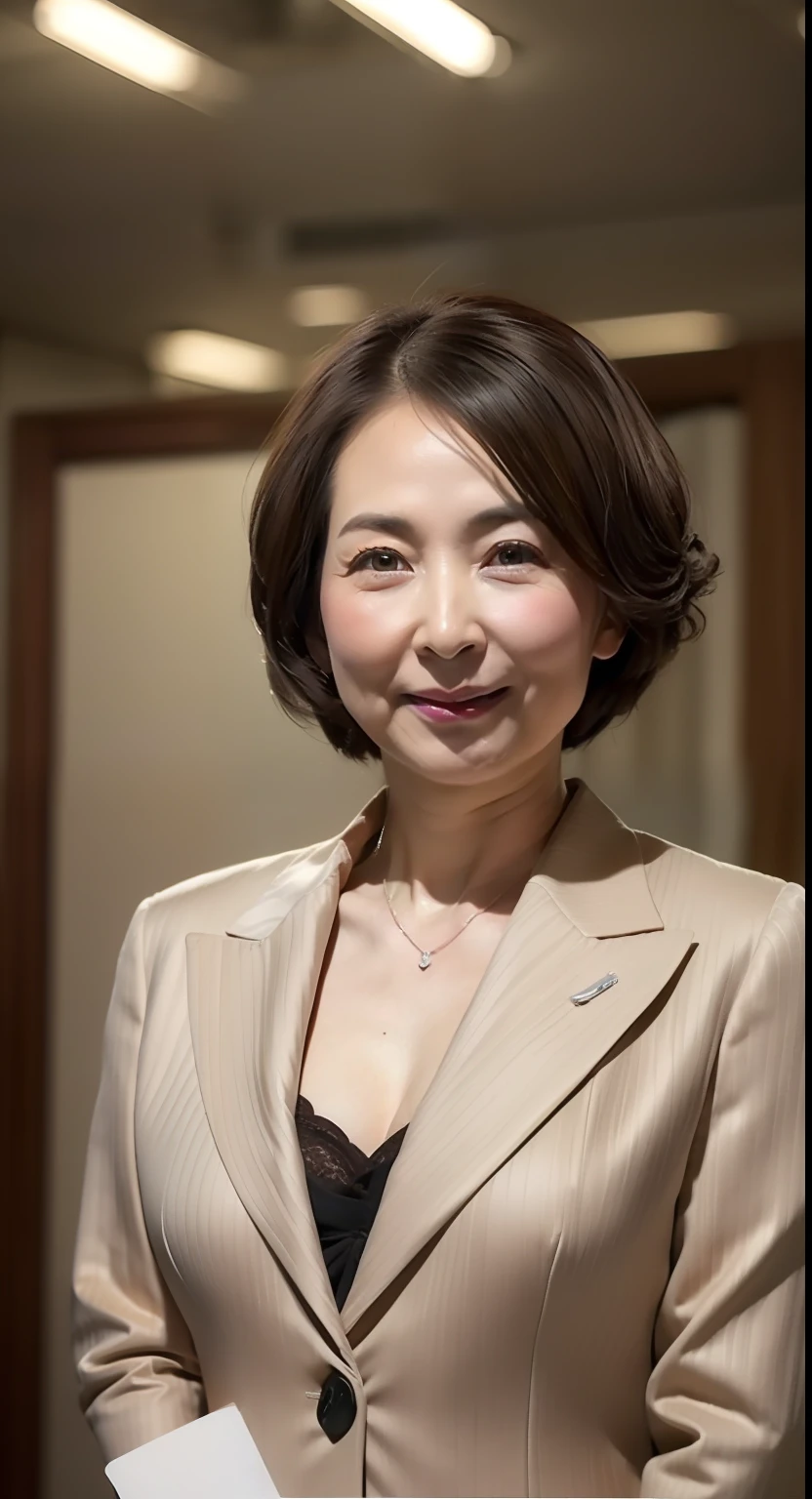 brightened light, (((Sharpen))), A hyper-realistic, {{{masutepiece}}}, {{{Best Quality}}}, {{Ultra-detailed}}, {{extremely delicate and beautiful}}, Eyes are moisturized, Extremely detailed, ((Natural complexion)), ((Business suits)), ((Hide your hands behind your back)), A MILF, ((masutepiece)), top-quality, high-level image quality,16 K, (Emphasis on the chest), (A sexy), Staring at this, 90 years old,