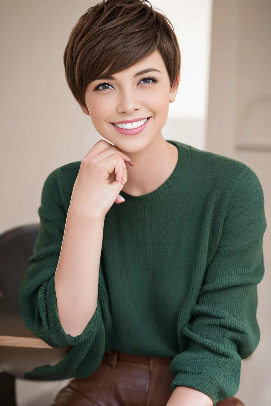 a pixie cut　a smile　Brown hair