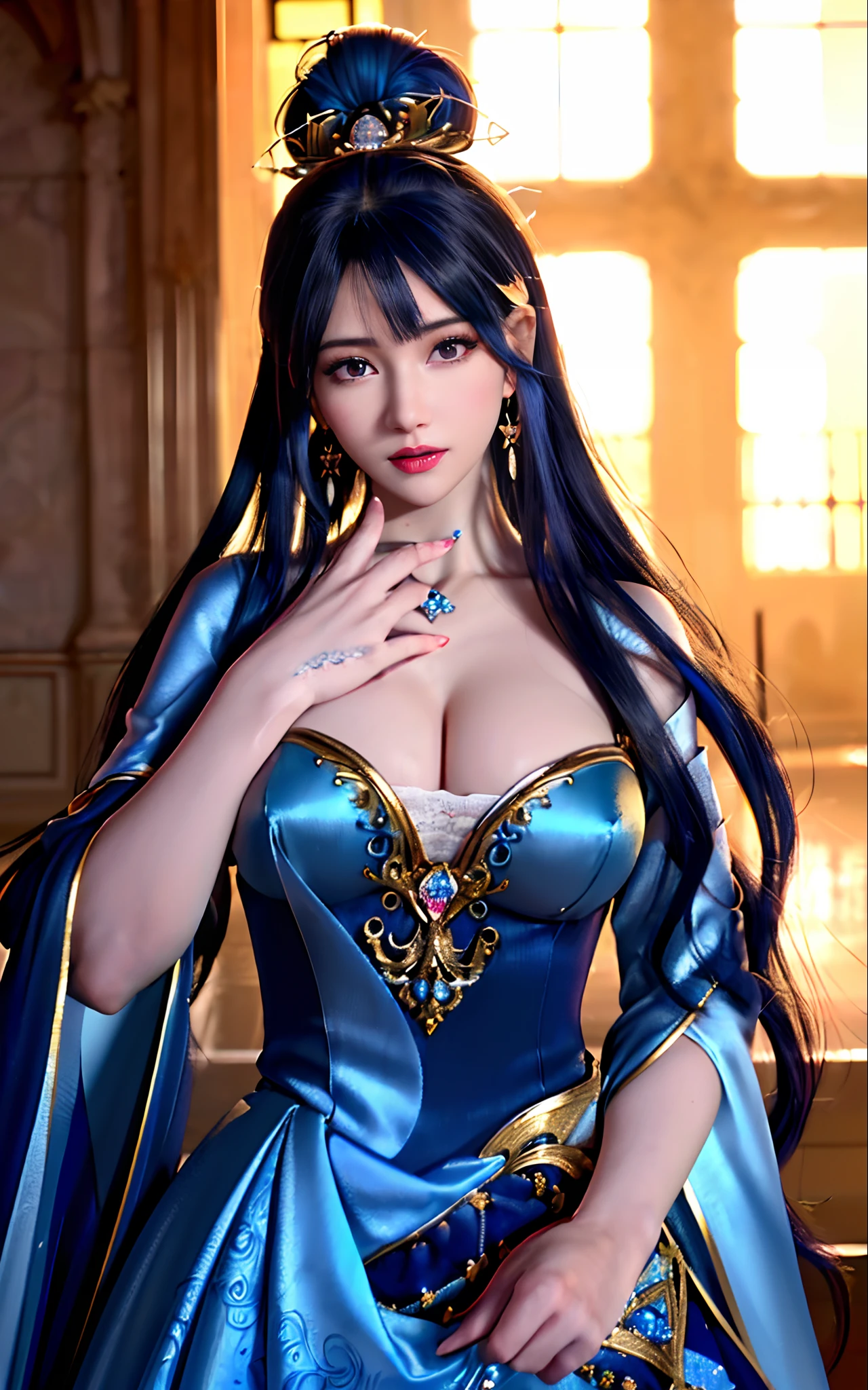 ((realisticity: 1.2)), ((realistic: 8K UHD)), ((best resolution: 8K UHD)), hyper detailed, best quality,masterpiece,highres,cg, ((1 girl hyper detailed and hyper realistic) ) , ((beautiful queen, hyper realistic and hyper detailed)),((white skin, beautiful, smooth, youthful, hyper realistic and hyper detailed )), ((Face hyper beautiful, white, hyper realistic and hyper detailed ) ), long hair, ((hyper realistic and hyper detailed dress)), solo, ((hyper realistic, hyper beautiful, beautiful and hyper detailed jewelry)), ((hyper beautiful deep red and golden yellow dress, hyper realistic and hyper detailed )) , ((Her pretty, hyper realistic, hyper detailed diamond filled earrings)), ((Her gorgeous diamond haircut, hyper realistic and hyper detailed)), ((hyper pretty upper body, hyper beautiful, hyper realistic and hyper detailed) ), ((medium breast: 1.5)), ((hyper realistic, hyper pretty, hyper detailed boobs)), ((the backgroun of the royal palace is hyper majestic, hyper realistic and hyper detailed)),((hands and palms hyper beautiful, hyper detailed, hyper realistic)), ((hyper pretty, hyper pretty, hyper realistic and hyper detailed hair bun)), ((hyper pretty , hyper realistic and hyper detailed blue hair)), candid, Photo, high resolution, 8k , bokeh,