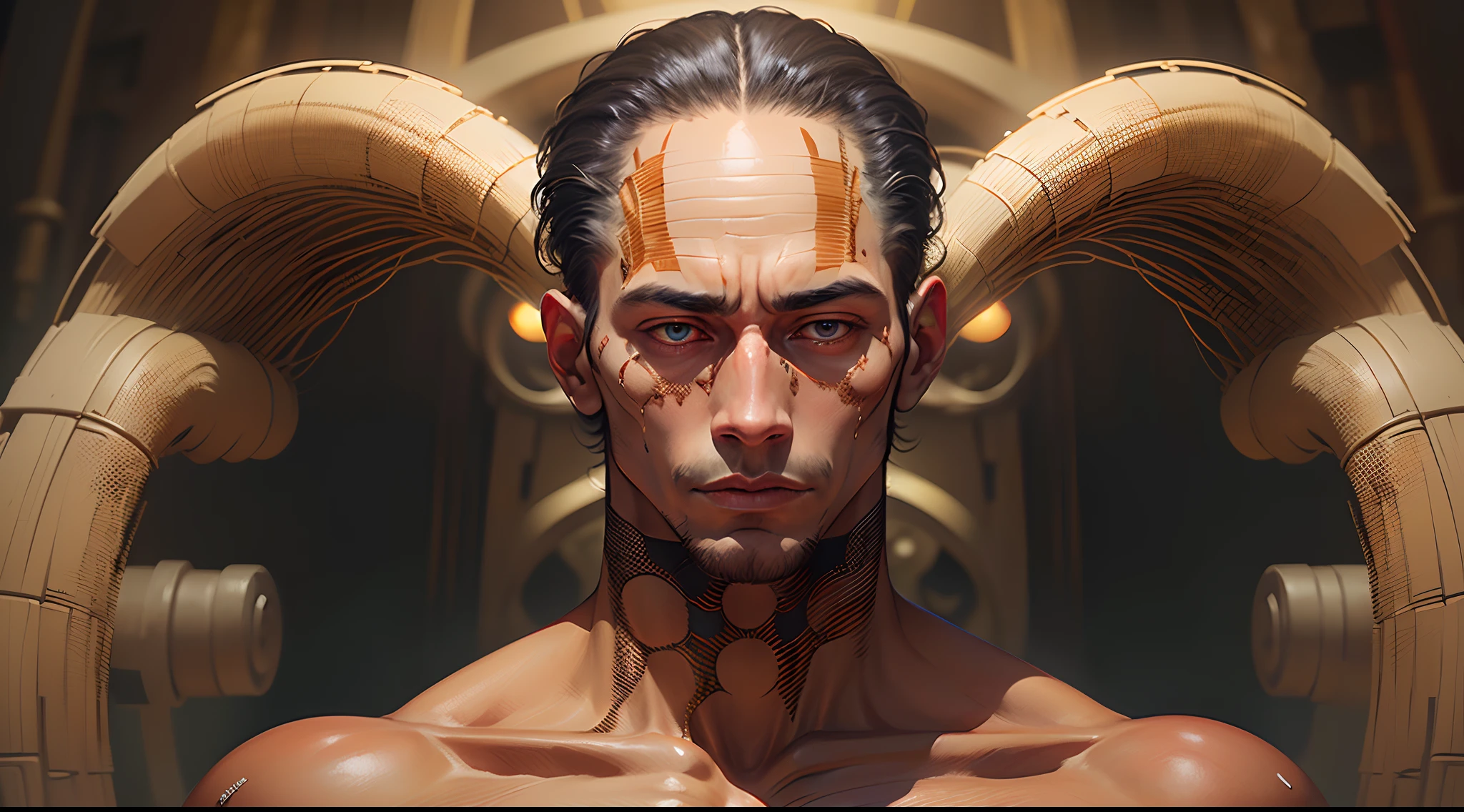 A red-skinned man who is fifteen meters tall，There are 15 eyes on the head