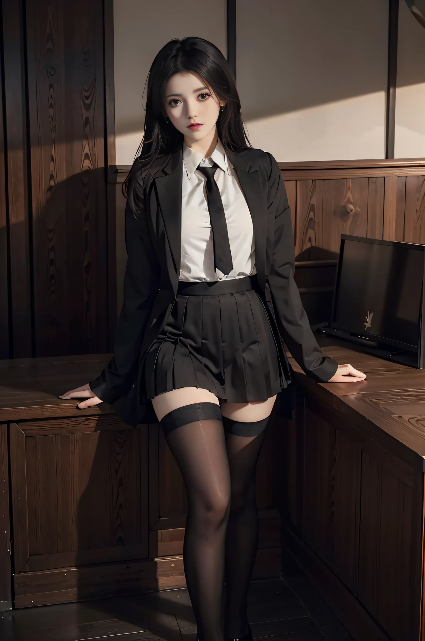 Beautuful Women，Wears a JK College-style uniform，Brown pleated skirt with black blazer，It looks very pure，Wearing black stockings，Black stockings are thick and black