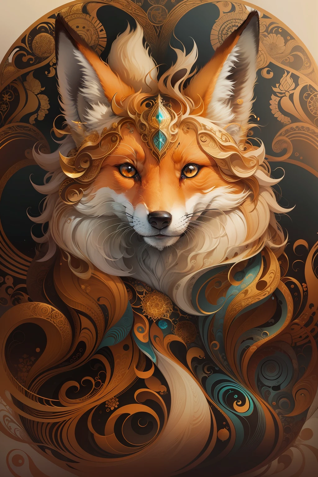 Beautiful fluffy haired Fox, Sandi Sylvestre mixed fractal zentangle abstract abstract vector fractal, wave function, shading abstract art complementary colors fine details, golden ratio, symmetrical, rule of thirds, geometric bauhaus