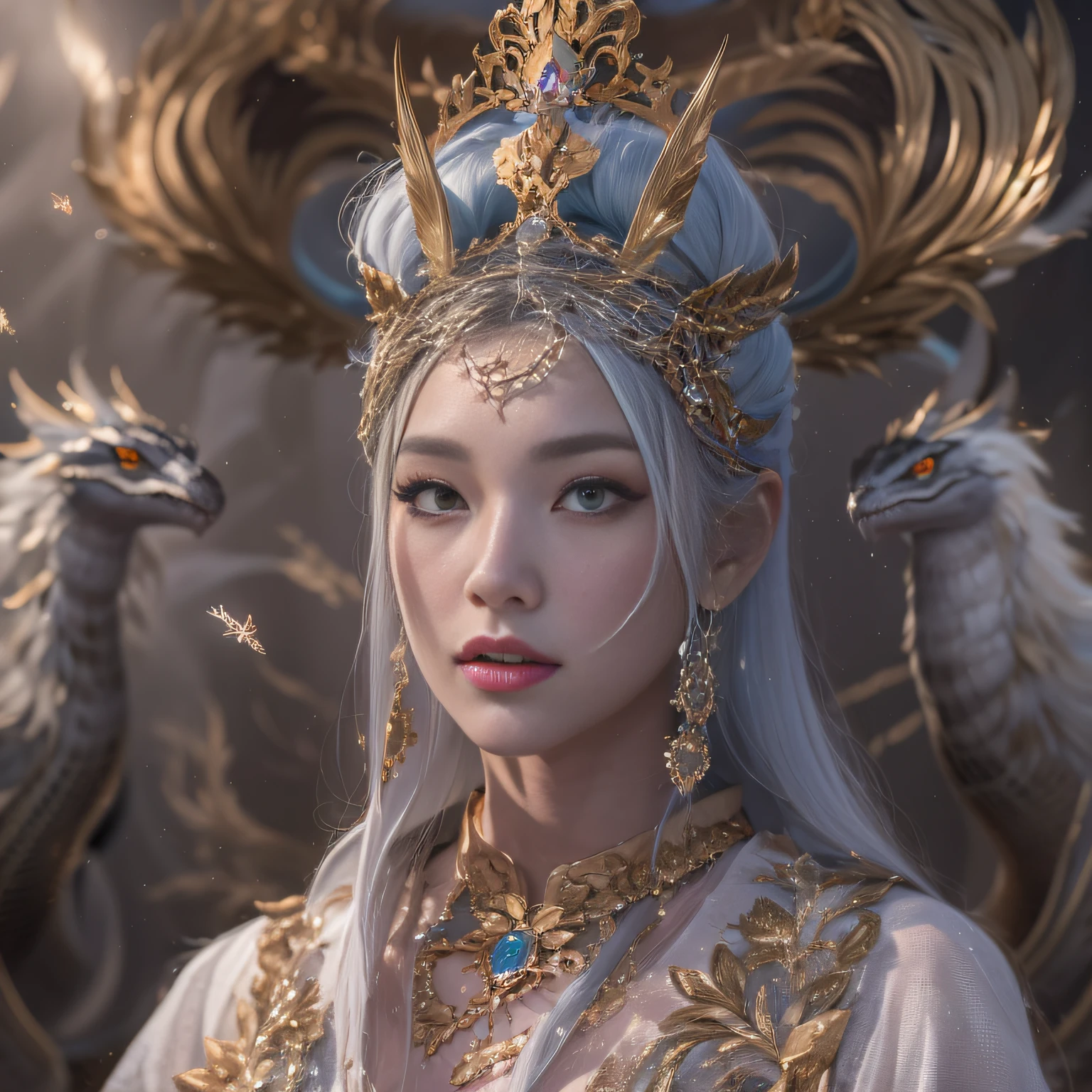 16k(tmasterpiece,k hd,hyper HD,16k)short detailed hair,Gold jewelry area in the back room,King Girl ,Silver Dragon Protector (realisticlying:1.4),Python pattern robe,Purple-pink tiara,Snowflakes fluttering,The background is pure,Hold your head high,Be proud,The nostrils look at people, A high resolution, the detail, RAW photogr, Sharp Re, Nikon D850 Film Stock Photo by Jefferies Lee 4 Kodak Portra 400 Camera F1.6 shots, Rich colors, ultra-realistic vivid textures, Dramatic lighting, Unreal Engine Art Station Trend, cinestir 800,Hold your head high,Be proud,The nostrils look at people