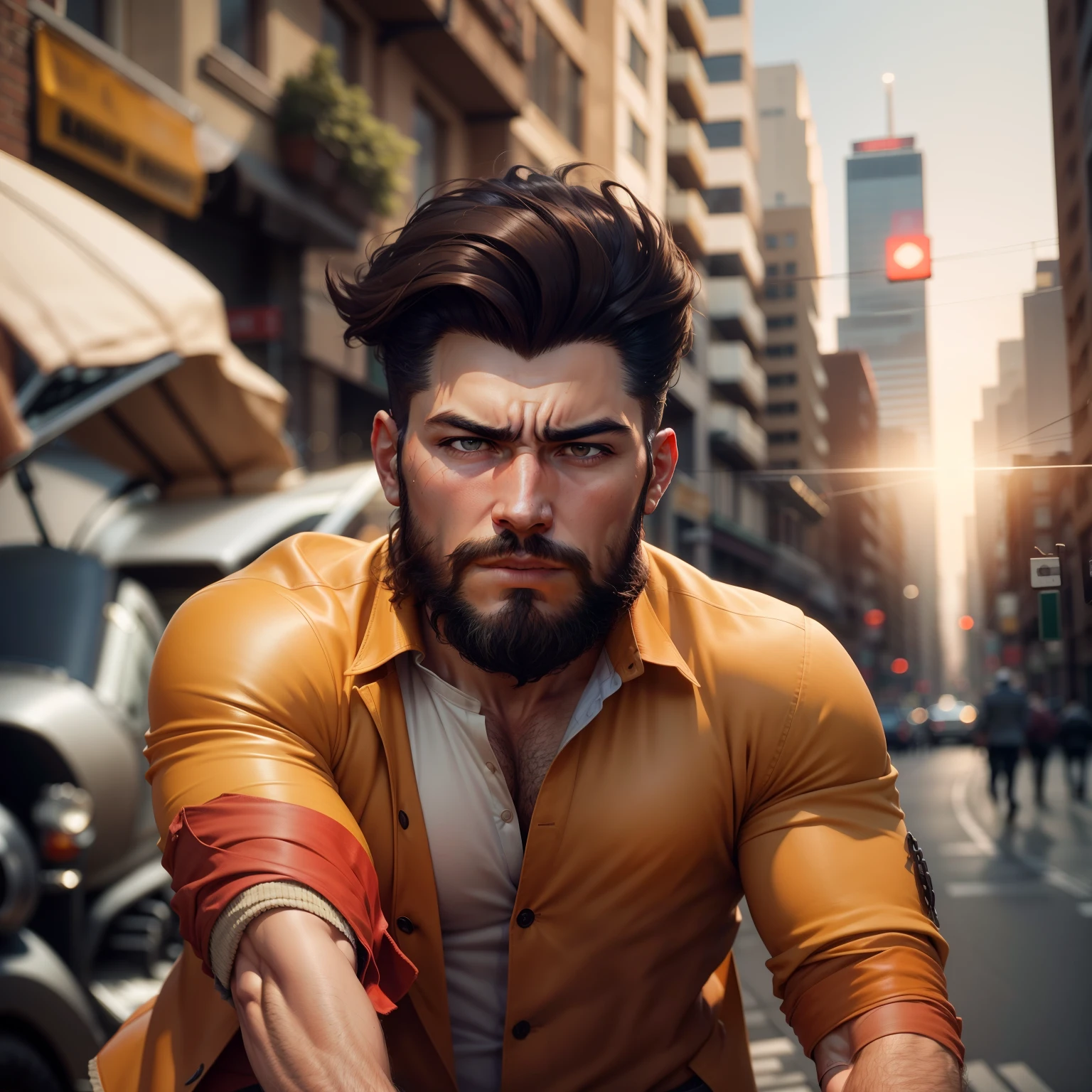 a raw photo of muscular male,best quality,8k uhd, dslr, modelshot style, best quality, film grain,vehicle,outdoors, city background,dynamic pose,frowning,a neat blazer and a nice beard,open shirt,open fly,open belt,adult, brown hair , sleeves rolled up, ow hanzo