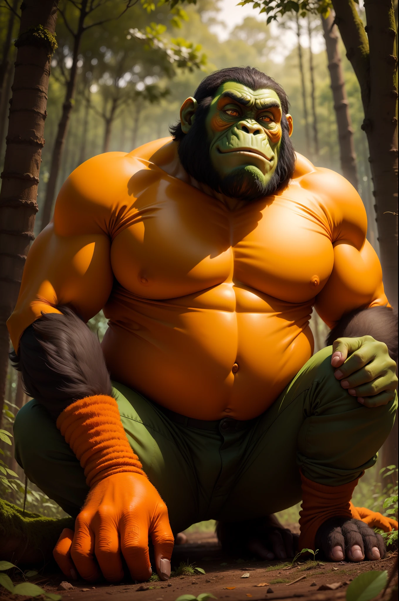 orange background, forest, trees, Brinquedo Orangotango, gorila amassado, gorila angry, Alongamento de Brincadeiras, verde, Verde escuro,