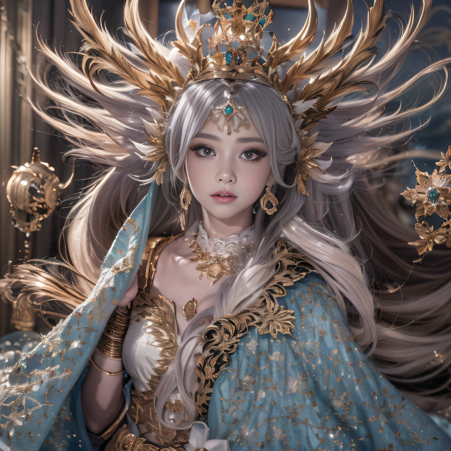 16k（tmasterpiece，k hd，hyper HD，16k）short detailed hair，Gold jewelry area in the back room，King Girl ，Silver Dragon Protector （realisticlying：1.4），Python pattern robe，Purple-pink tiara，Snowflakes fluttering，The background is pure，Hold your head high，Be proud，The nostrils look at people， A high resolution， the detail， RAW photogr， Sharp Re， Nikon D850 Film Stock Photo by Jefferies Lee 4 Kodak Portra 400 Camera F1.6 shots, Rich colors, ultra-realistic vivid textures, Dramatic lighting, Unreal Engine Art Station Trend, cinestir 800，Hold your head high，Be proud，The nostrils look at people
