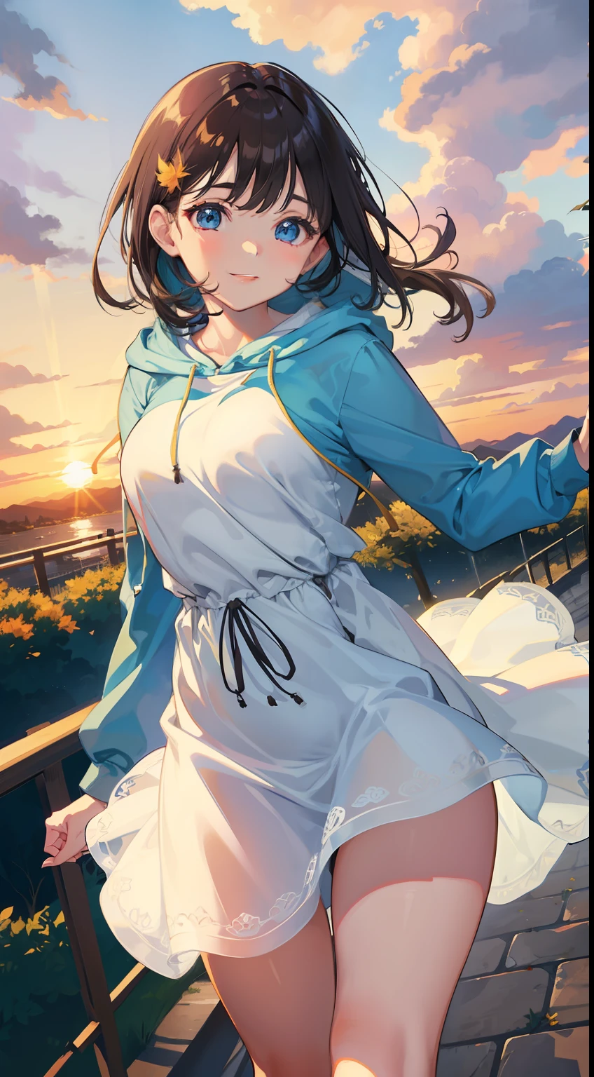 Full-size adult female, blue-brown hair color, full height, light blue eyes, smiling, mouth, lips, wearing transparent, hand holding handrail, ahageo-shaped grimace, ((Dress With Hood Drawstring Along Side Tube)) , white skin color, thick legs, thick thighs, bangs, lace underwire bra, side locks, mountain, yellow leaves on trees, background scenery, sunset, sunlight, beautiful afternoon, clouds, wind in hair, flying leaves, ambient details, brighter colors, saturated effect