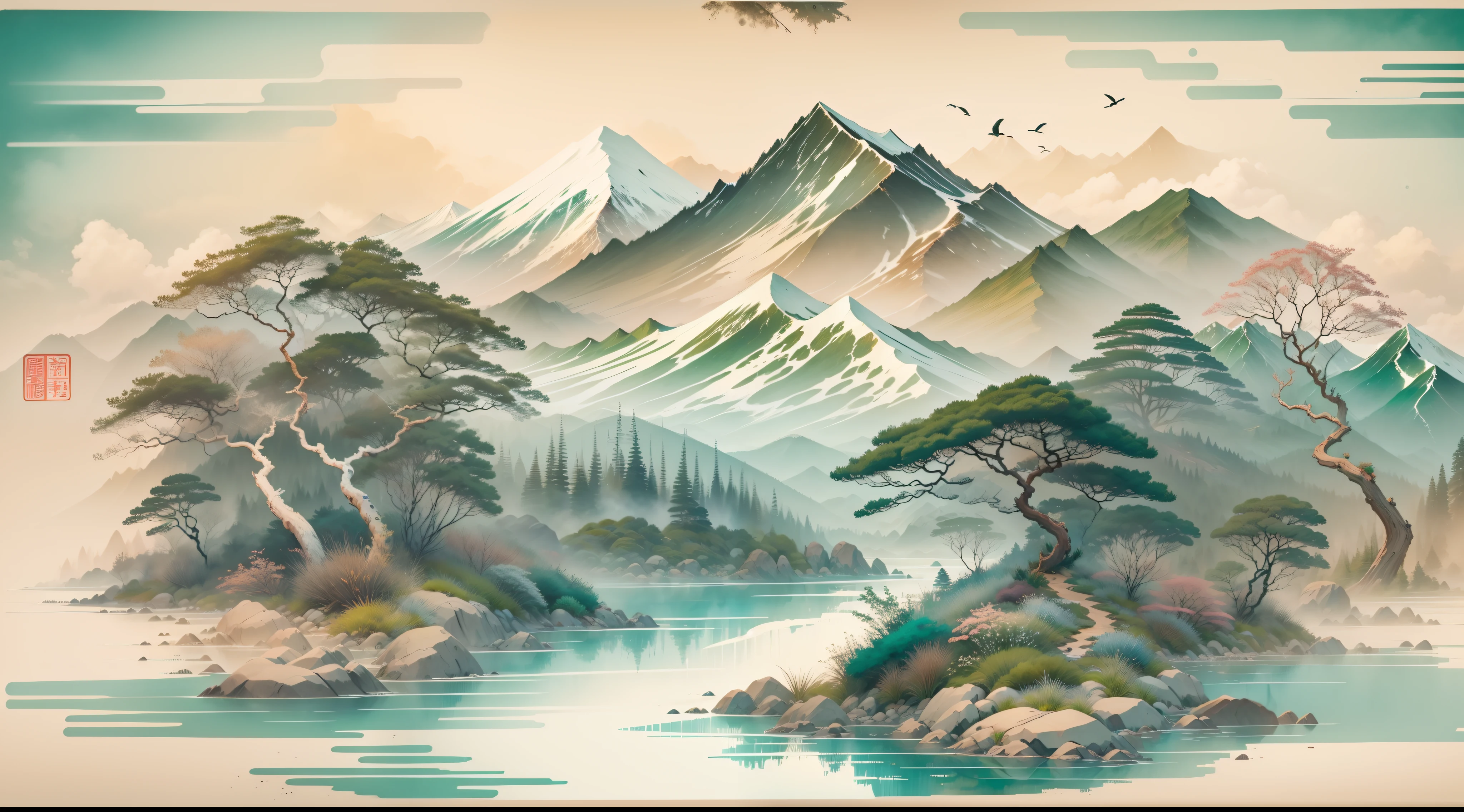 This landscape painting depicts a magnificent mountain landscape。In the center of the picture，A majestic and steep mountain rises from the ground，The contours of the mountains are clearly visible，It seems to lead to the end of the sky。At the foot of the mountain is a verdant forest，The towering trees are intertwined，A dense forest scene is formed。Along the contours of the mountains，A clear stream flows out of the mountains，The water is turbulent，Make a pleasant sound。The water ripples in the stream，crystal-clear，Through the clear water，You can see the fish swimming in it。There are several wild birds on the shore，They sing happily among the branches，It seems to be delighted with this beauty。The whole picture is filled with rich colors。The mountains in the distance appear a deep blue，It's like blending into the sky。The forest at the foot of the mountain is densely green，The leaves of the tree shine slightly，It gives a feeling of being alive。The water in the stream takes on a clear blue color，It contrasts with the surrounding green。